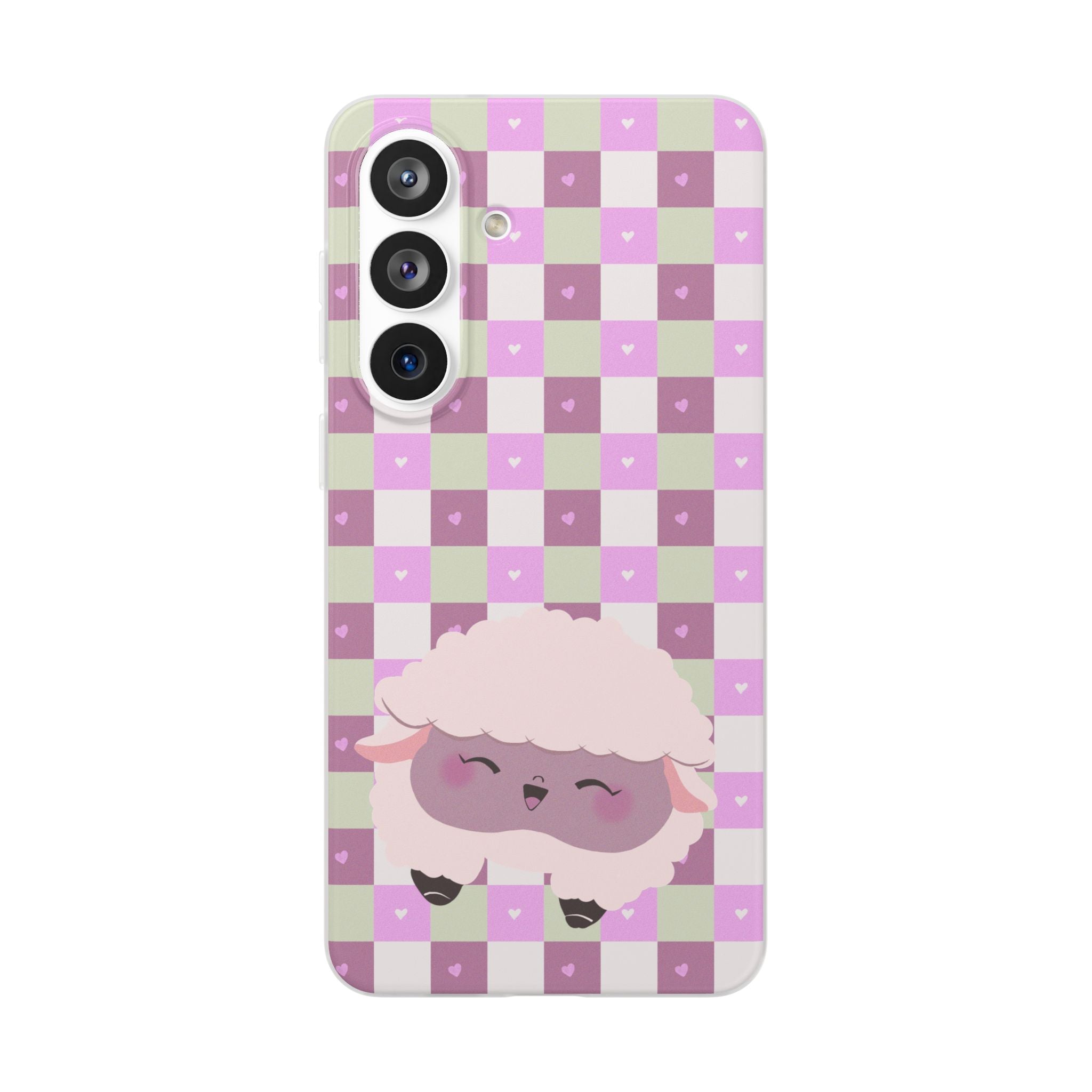 Cute Pastel Sammy the Sheep Phone Case – Pink Checkered Flexi Case