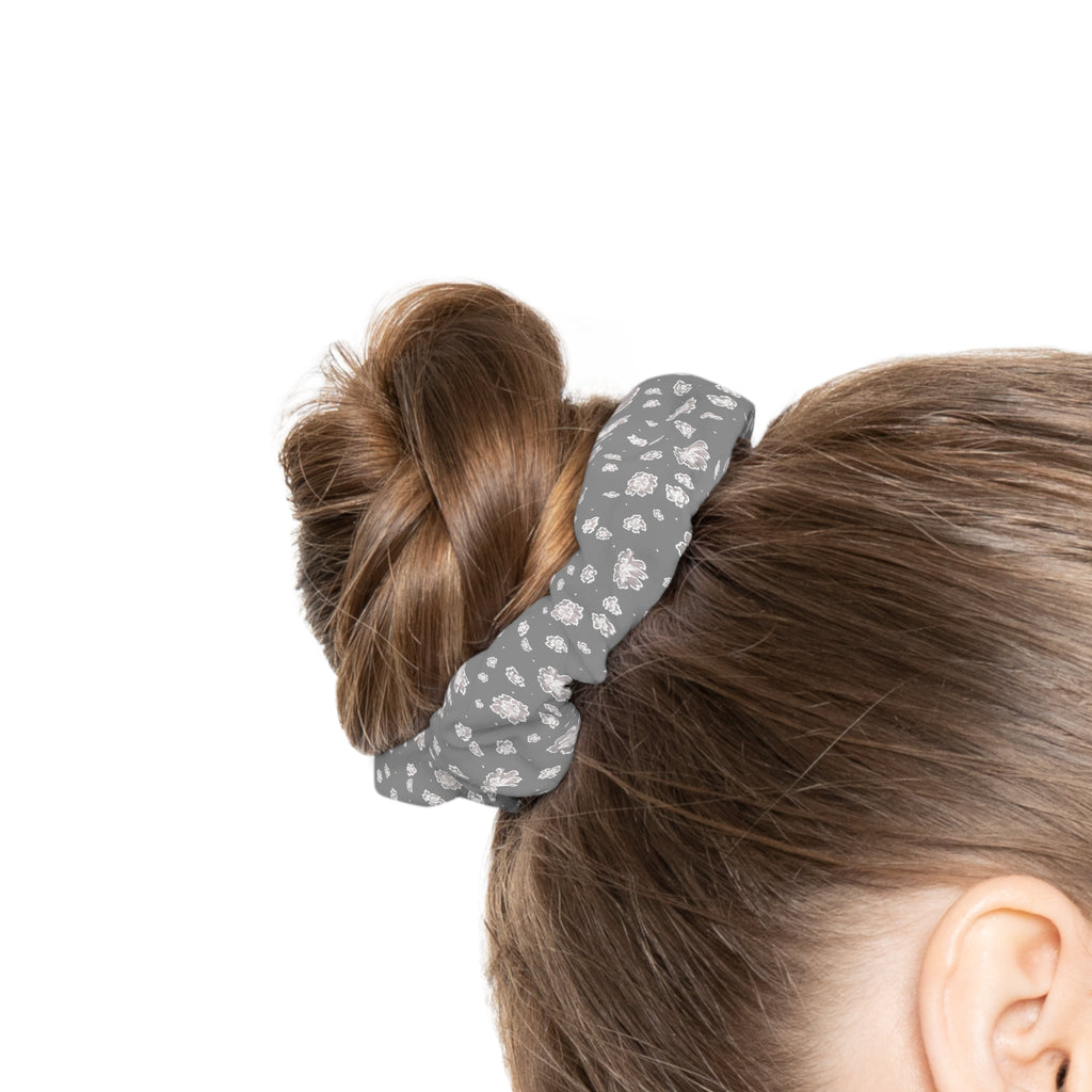 Floral Gray Scrunchie — Soft Rose Pattern Hair Tie for Everyday Wear