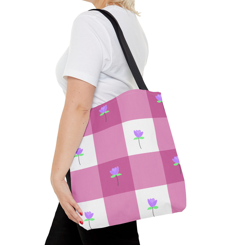 Pink Gingham Tulip Floral Tote Bag — Cute Checkered All-Over Print Tote