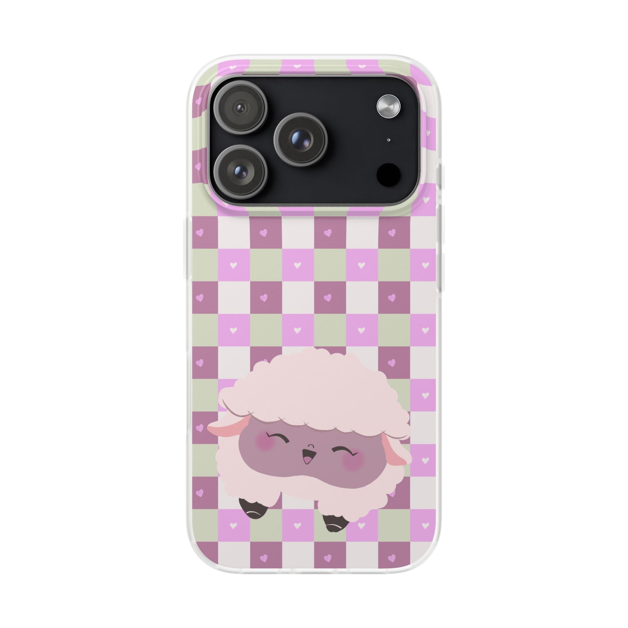 Cute Pastel Sammy the Sheep Phone Case – Pink Checkered Flexi Case