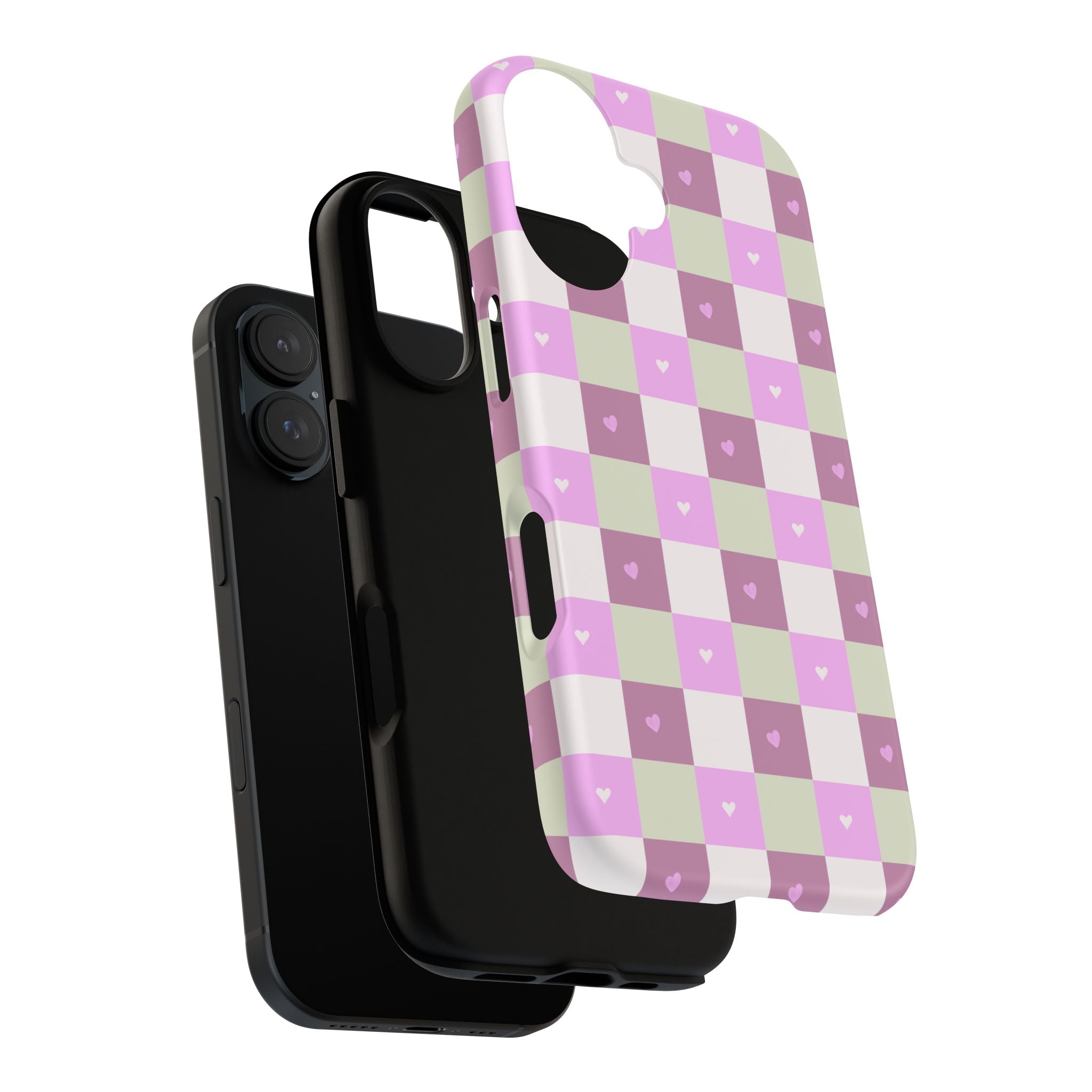Pink Checkered Phone Case with Tiny Hearts — Cute Pastel Grid iPhone Case