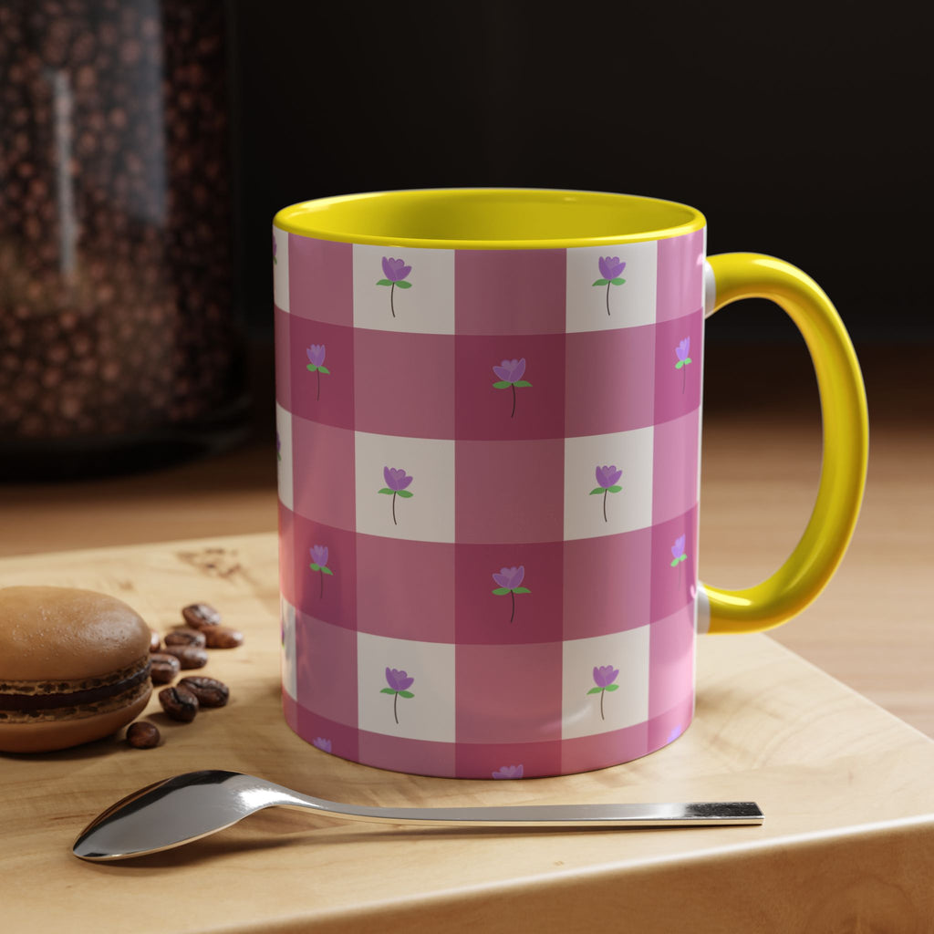 Pink Gingham Tulip Heart Floral Accent Coffee Mug – Cute Purple Rose Pattern (11/15 oz)