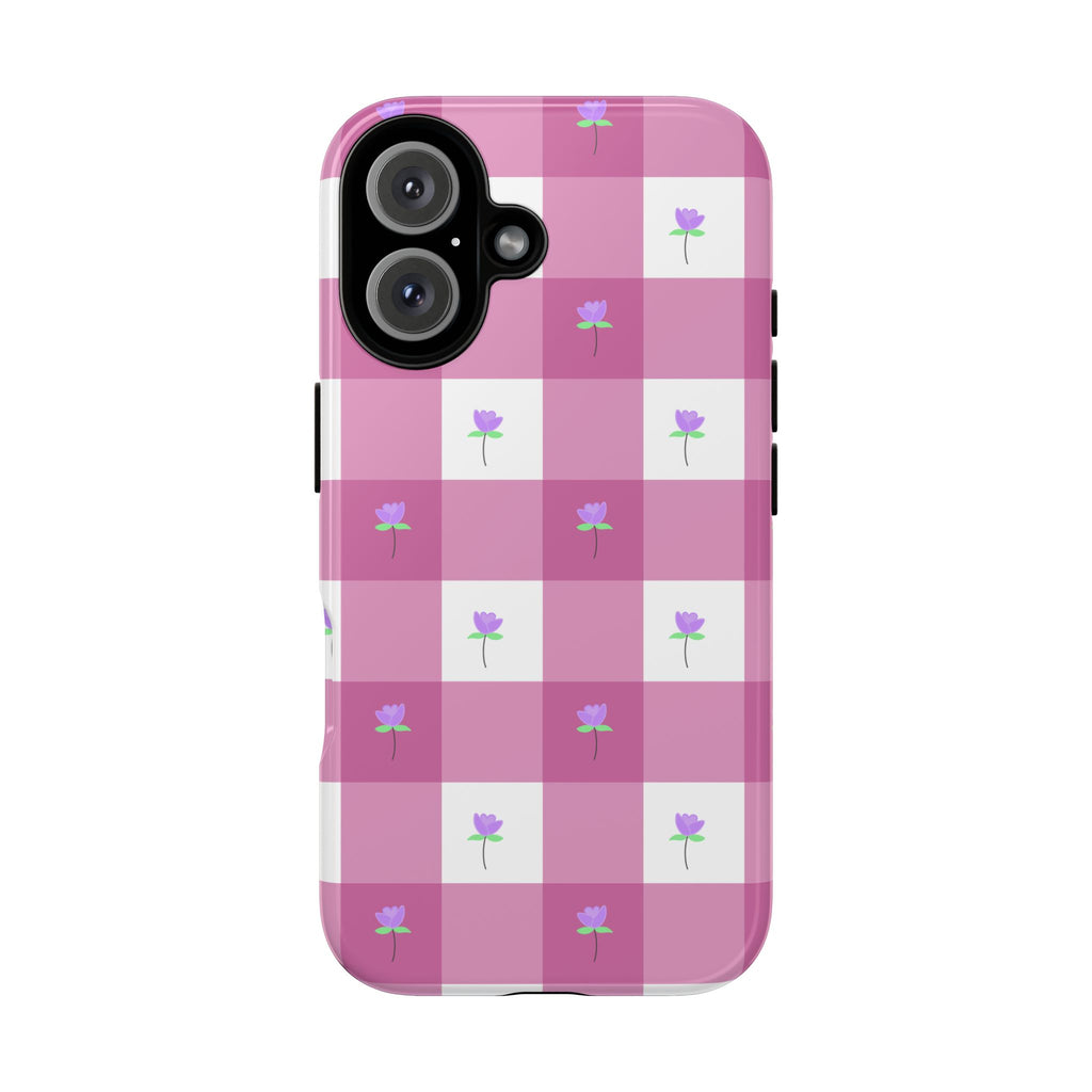 Pink Gingham tulip Tough Phone Case — Cute Tulip Checkered Protective Cover