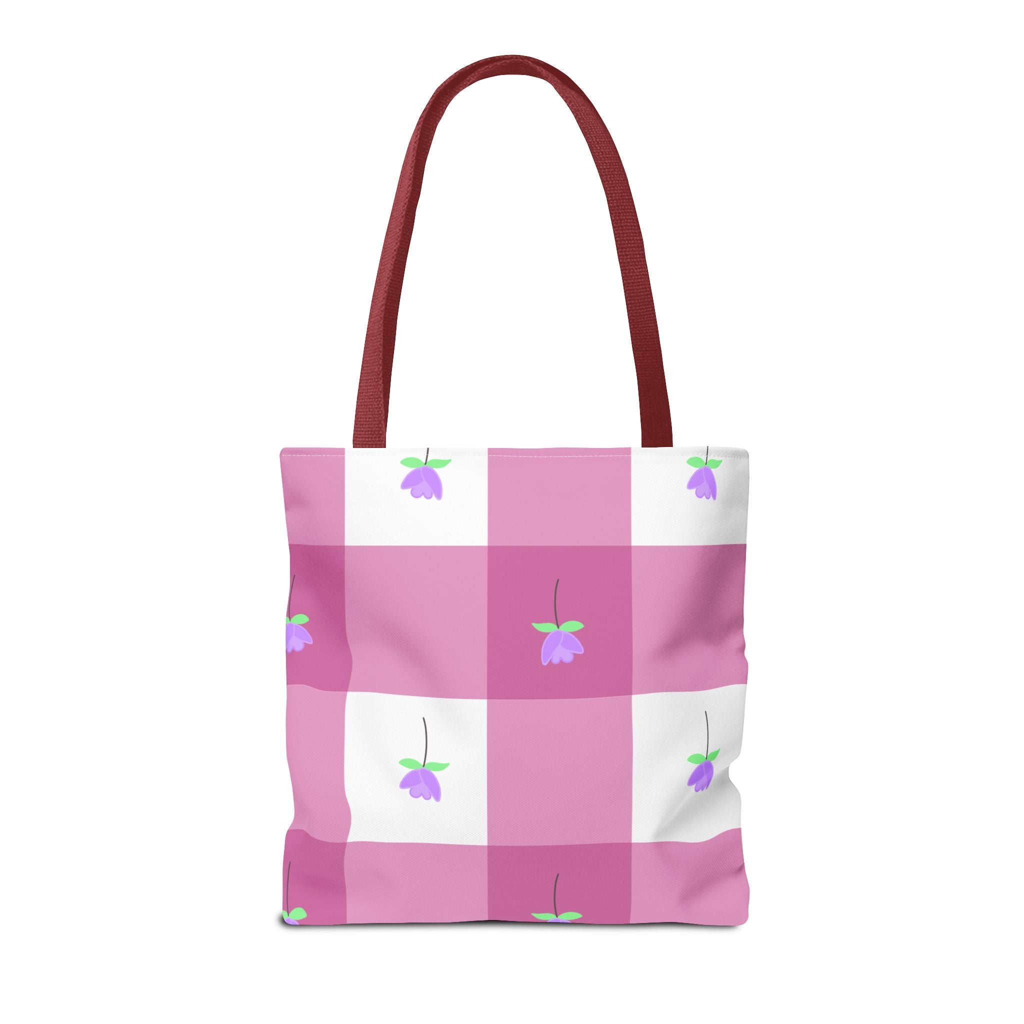 Pink Gingham Tulip Floral Tote Bag — Cute Checkered All-Over Print Tote