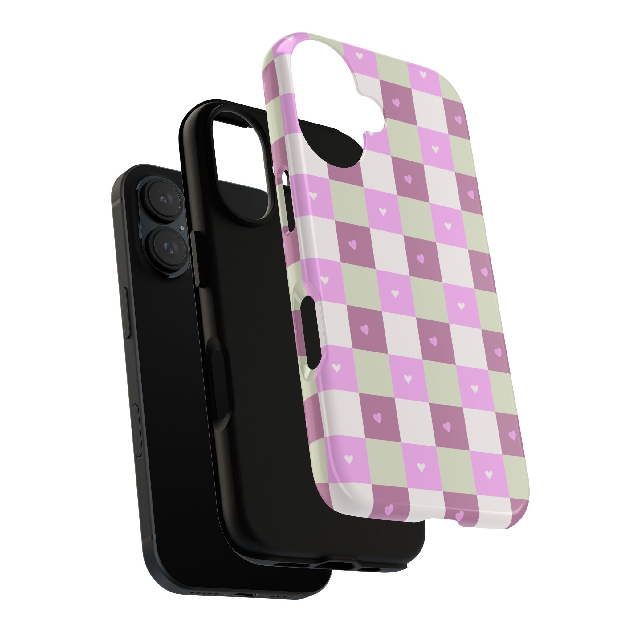 Pink Checkered Phone Case with Tiny Hearts — Cute Pastel Grid iPhone Case