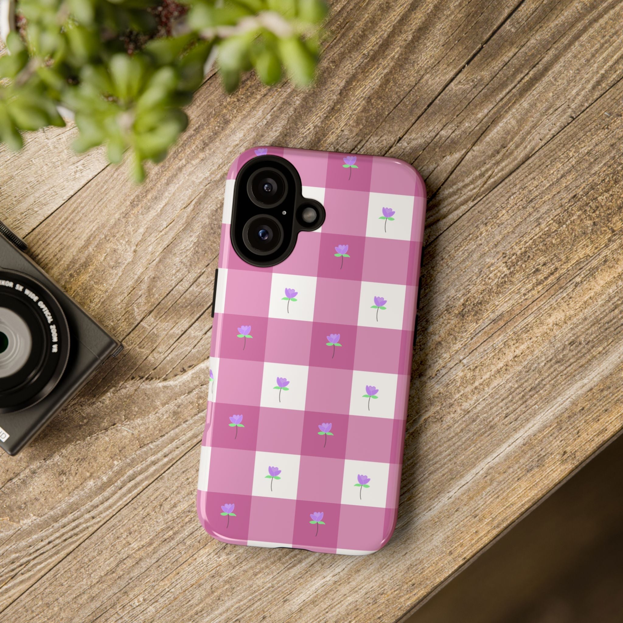 Pink Gingham tulip Tough Phone Case — Cute Tulip Checkered Protective Cover