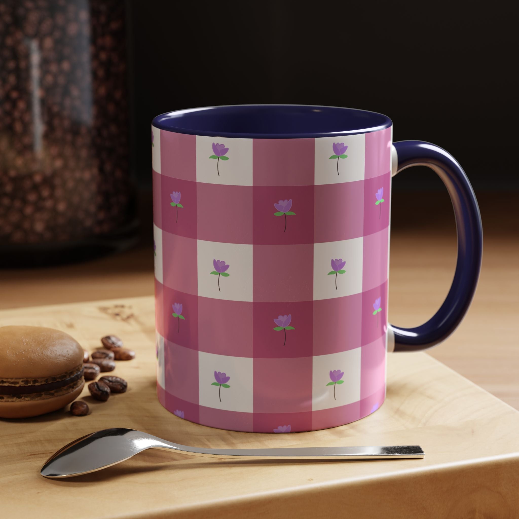 Pink Gingham Tulip Heart Floral Accent Coffee Mug – Cute Purple Rose Pattern (11/15 oz)