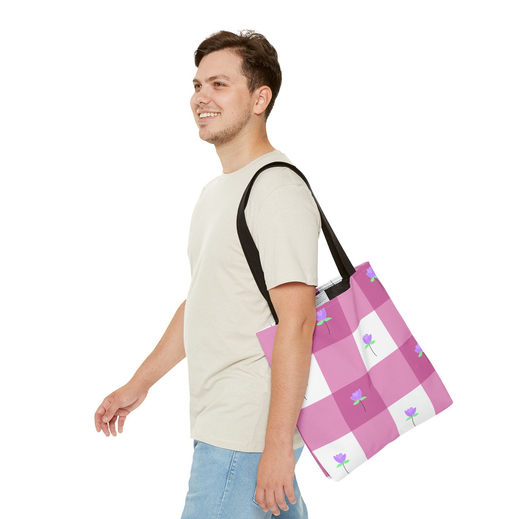 Pink Gingham Tulip Floral Tote Bag — Cute Checkered All-Over Print Tote