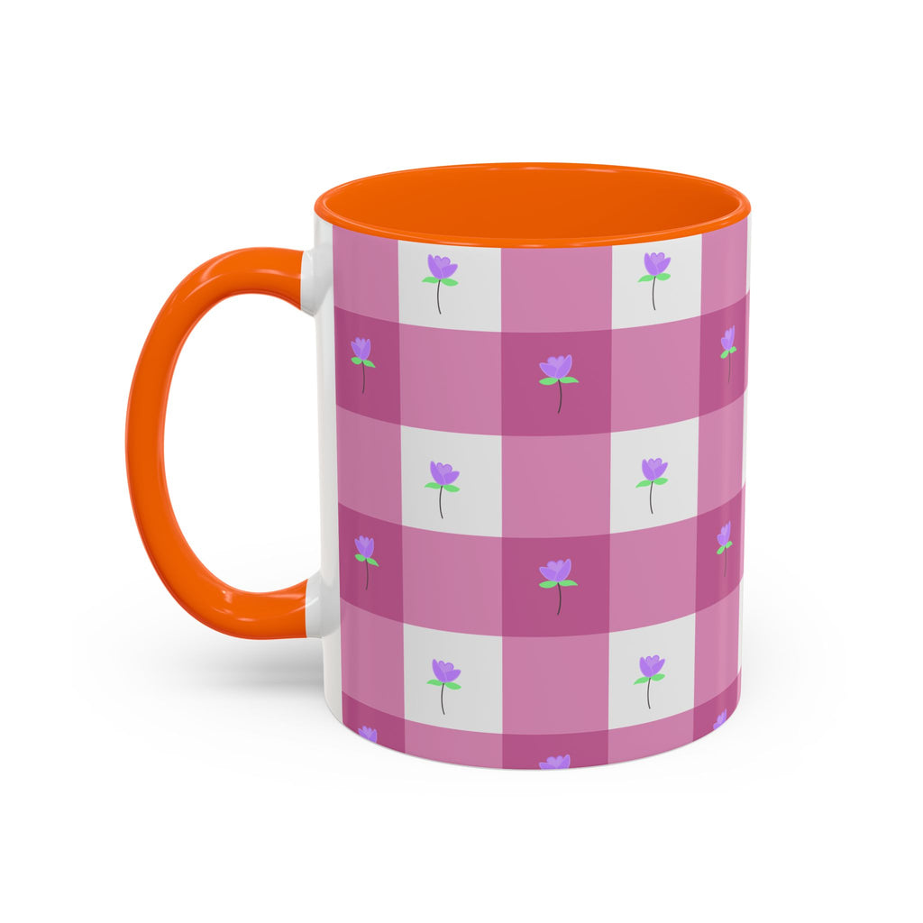 Pink Gingham Tulip Heart Floral Accent Coffee Mug – Cute Purple Rose Pattern (11/15 oz)
