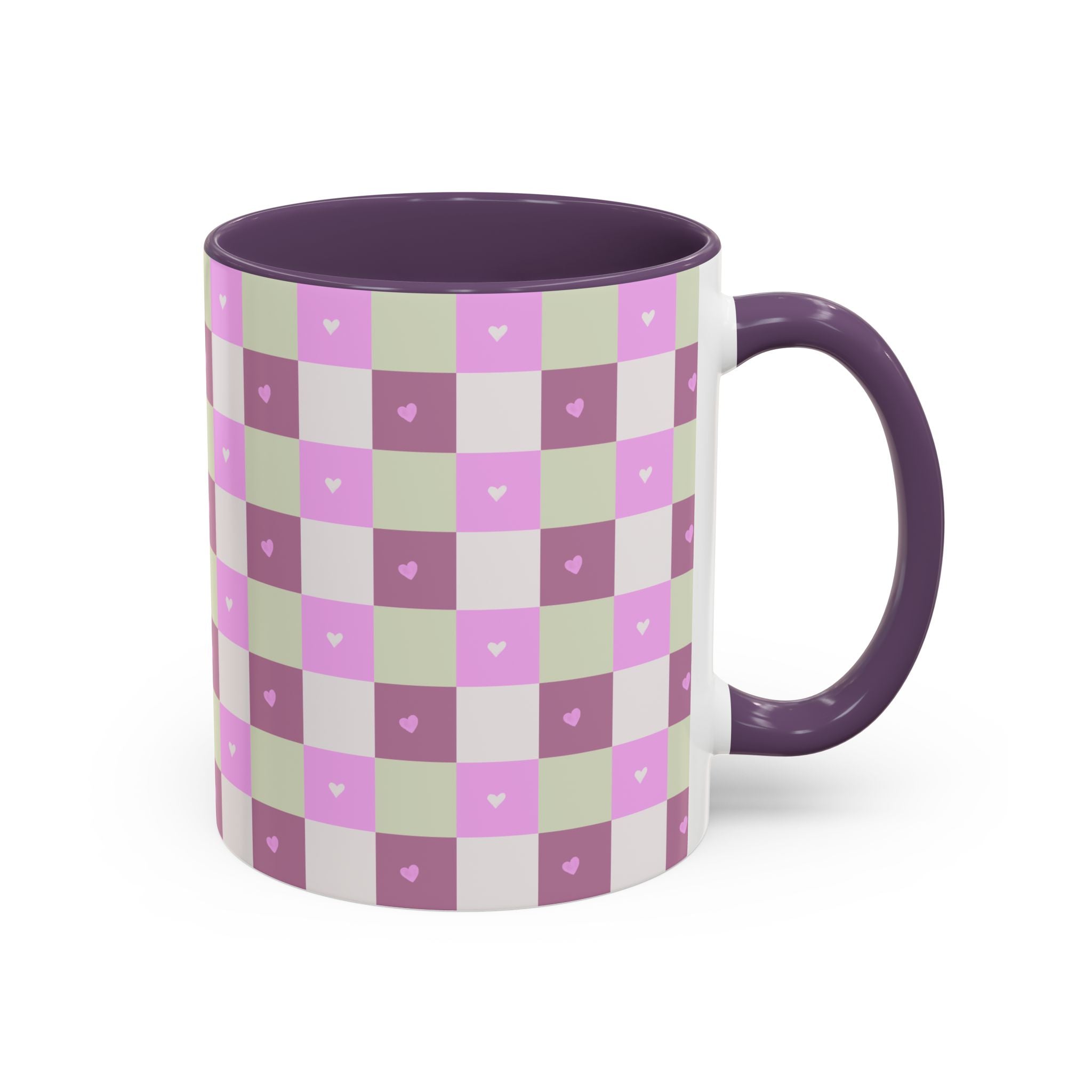 Purple Heart Gingham Coffee Mug — Pink & Lavender Ceramic