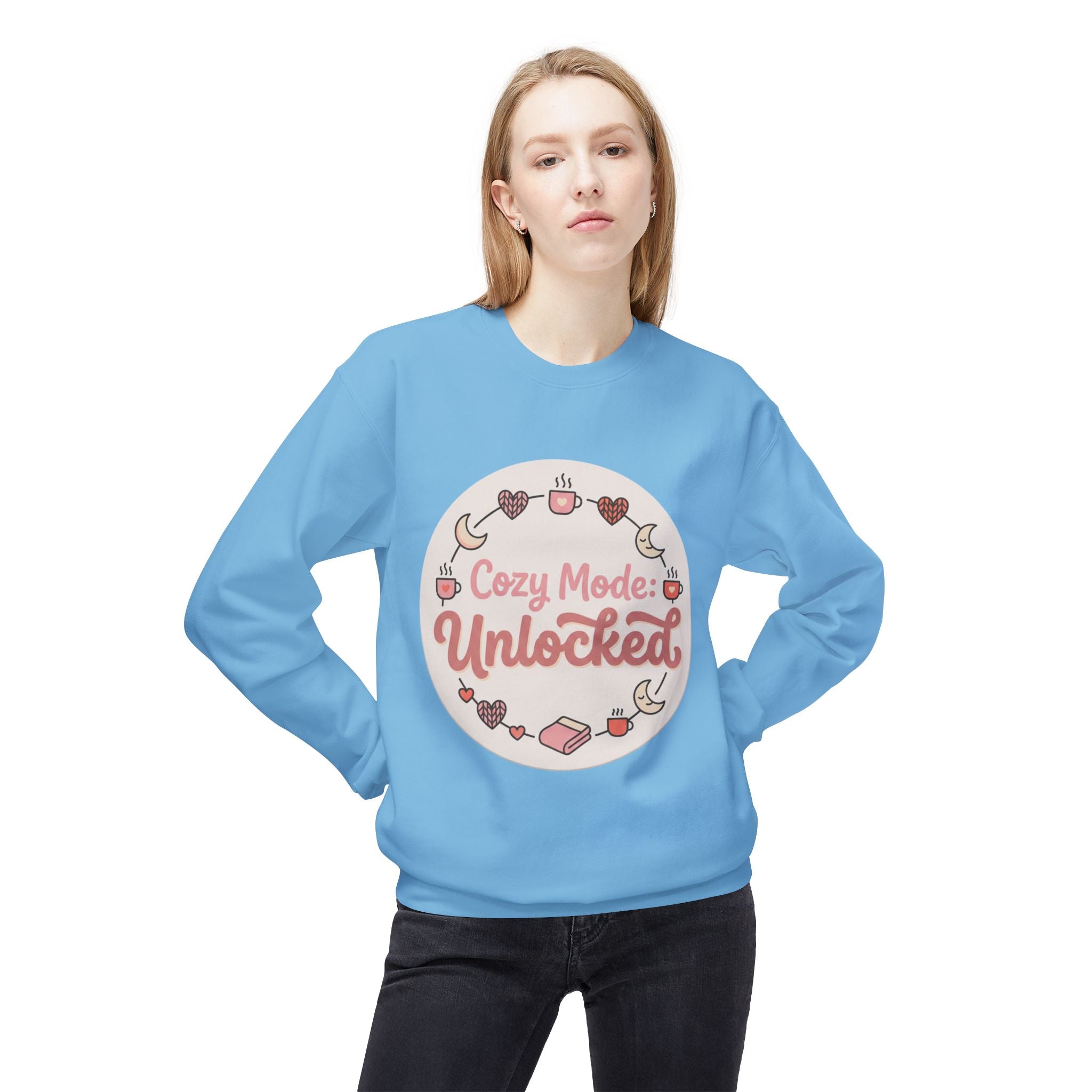 Crewneck Sweatshirt — "Cozy Mode: Unlocked" Cute Pastel Lounge Pullover