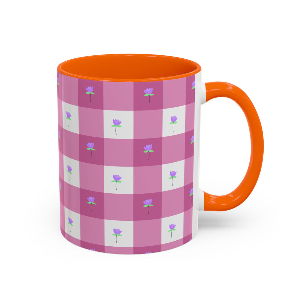 Pink Gingham Floral Tulip Accent Coffee Mug — Cute Purple Rose Pattern (11/15oz)
