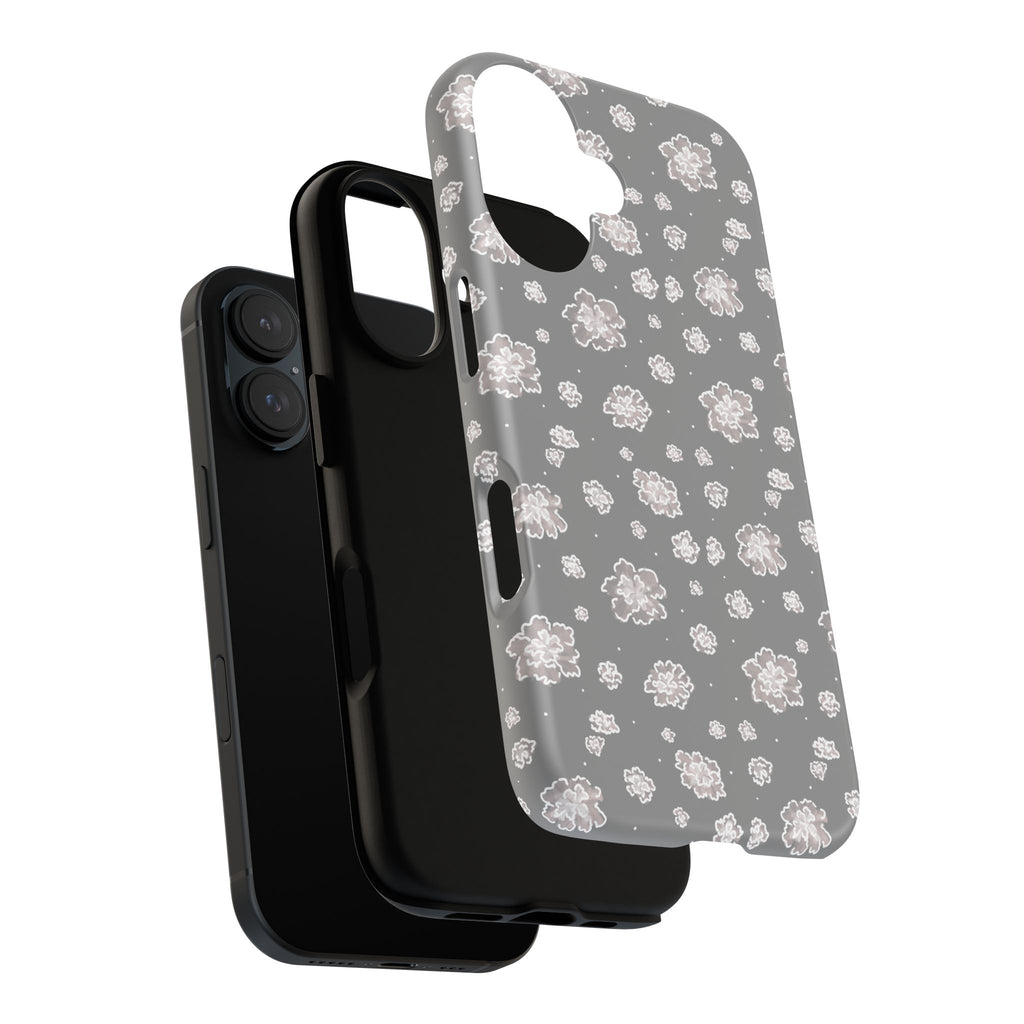 Floral Grey Tough Phone Case – Protective Slim Case with White Blossom Pattern