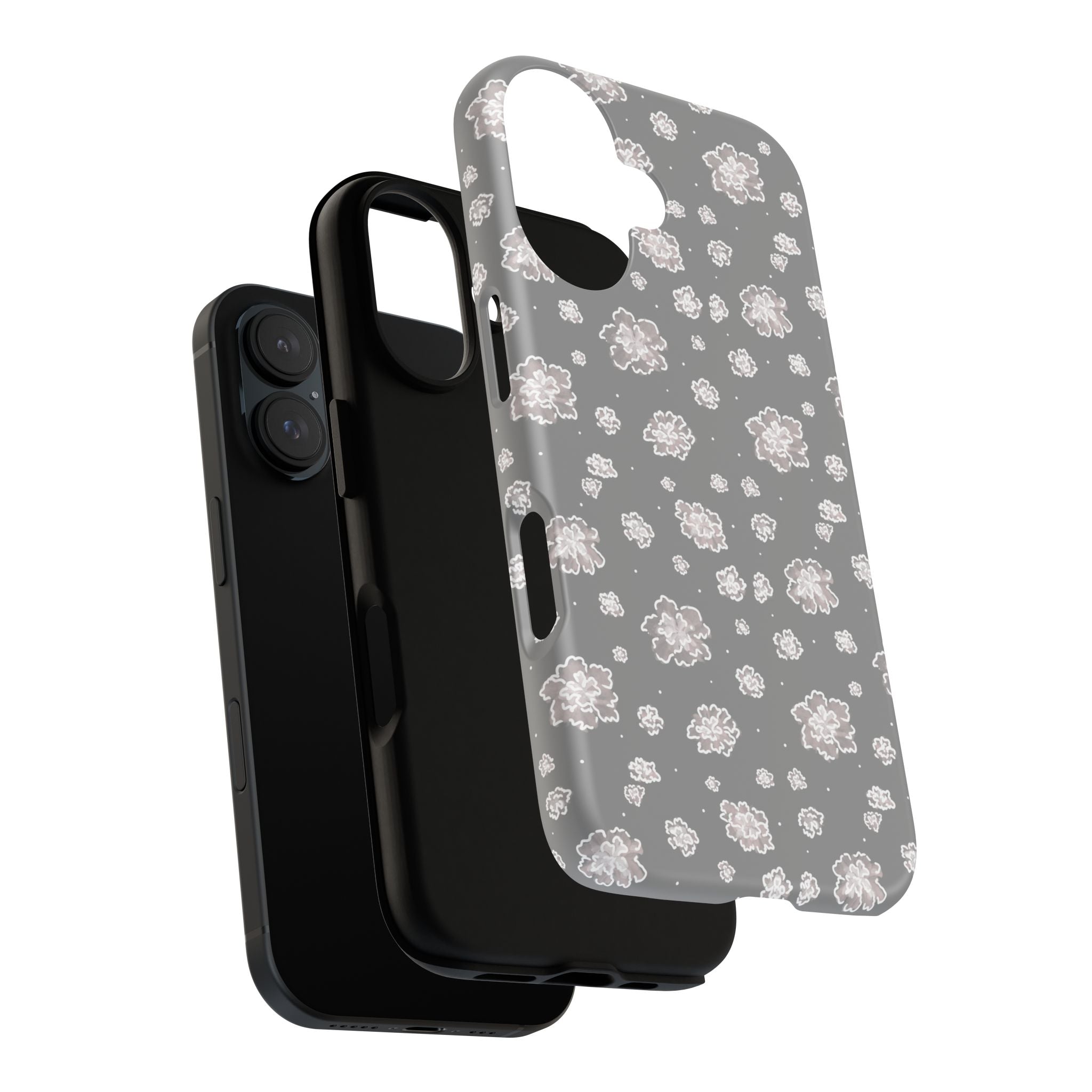 Floral Grey Tough Phone Case – Protective Slim Case with White Blossom Pattern