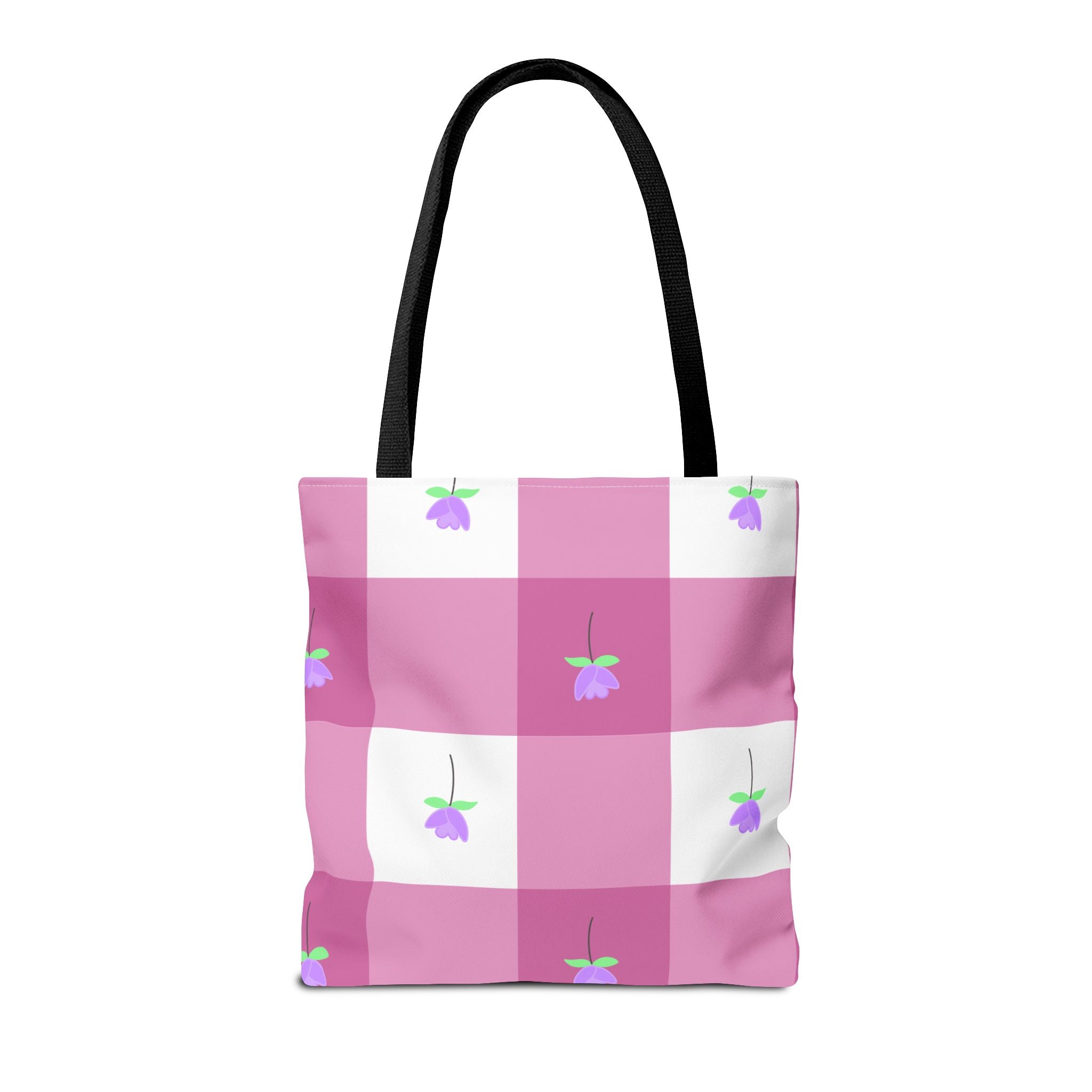 Pink Gingham Tulip Floral Tote Bag — Cute Checkered All-Over Print Tote