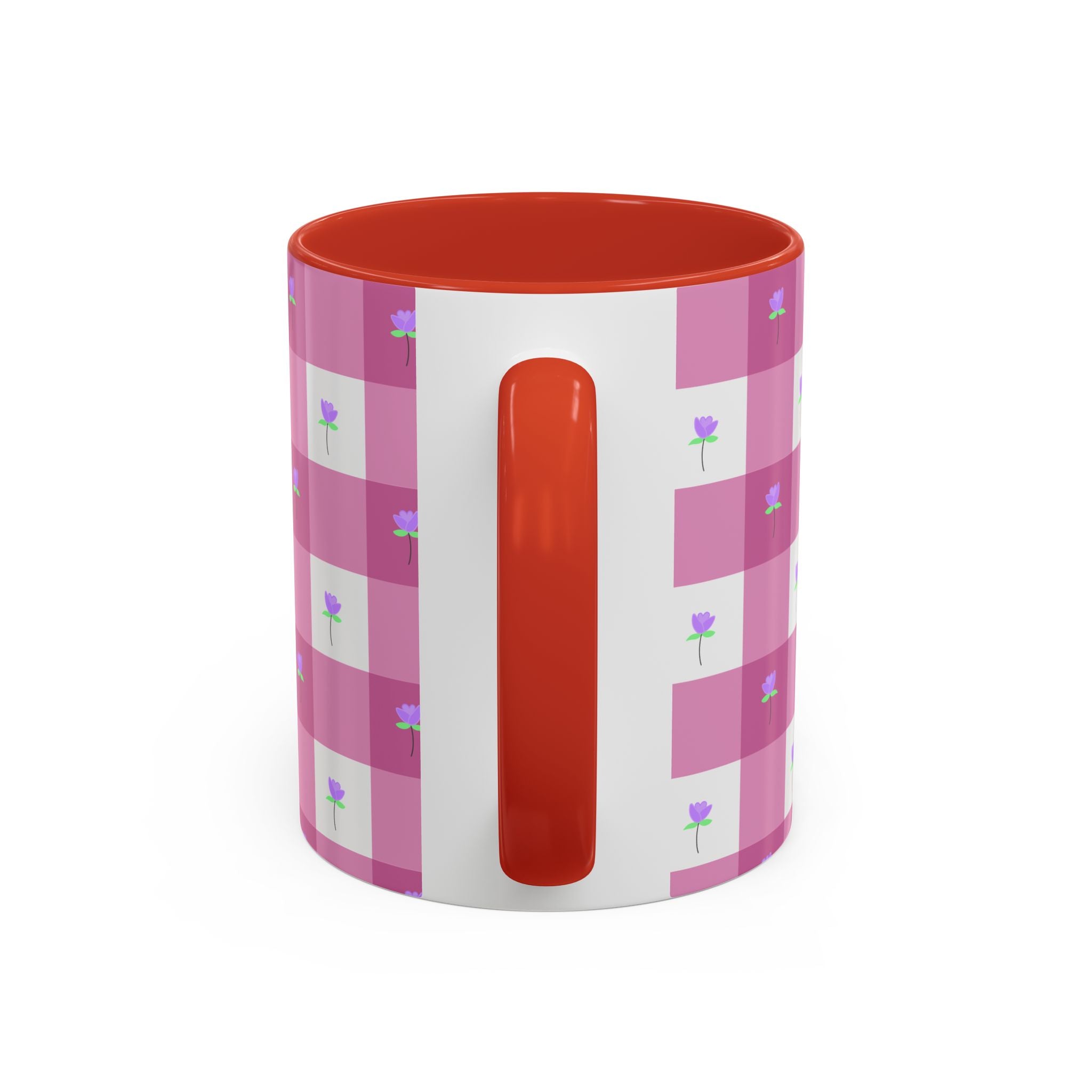 Pink Gingham Floral Tulip Accent Coffee Mug — Cute Purple Rose Pattern (11/15oz)