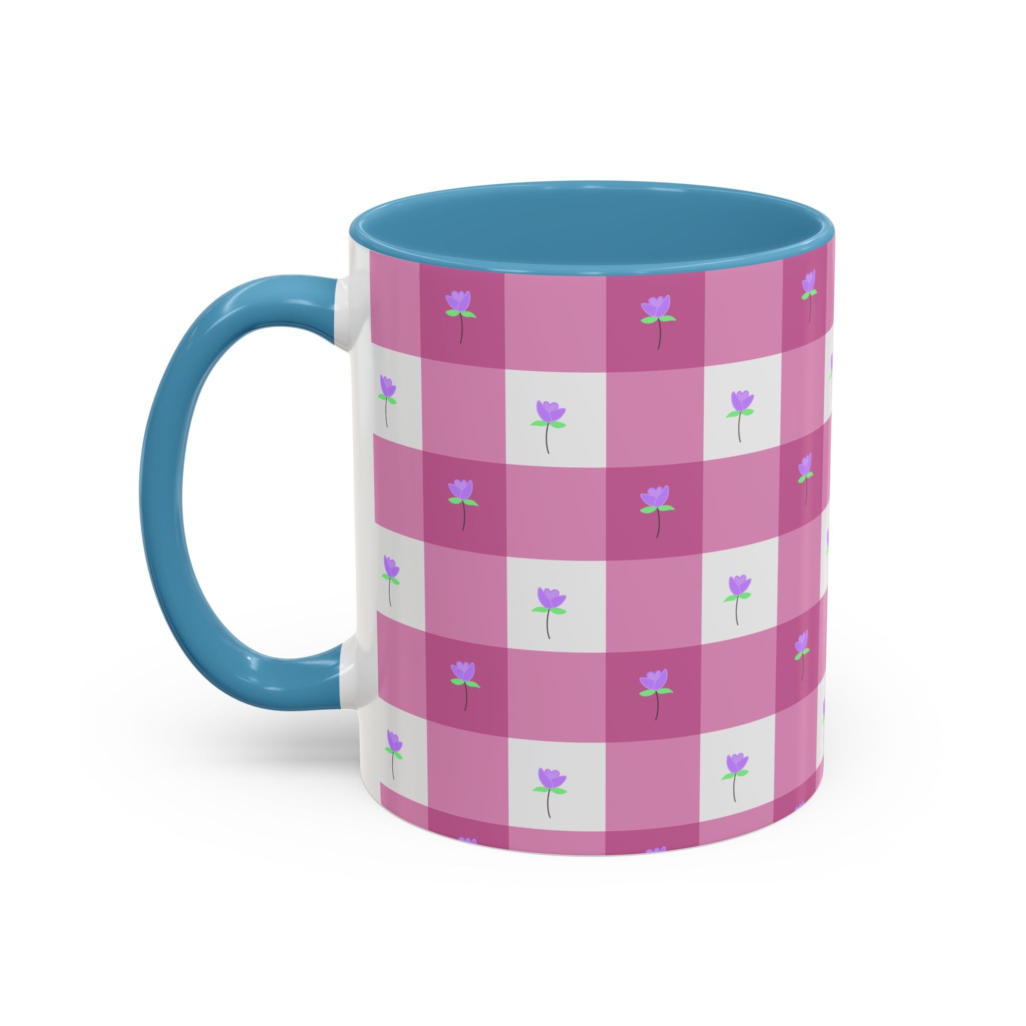 Pink Gingham Floral Tulip Accent Coffee Mug — Cute Purple Rose Pattern (11/15oz)