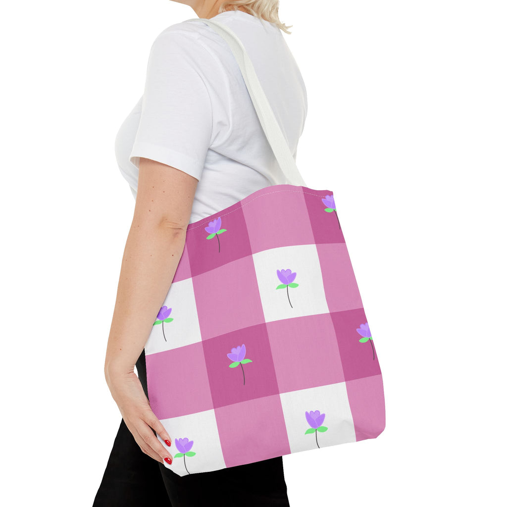 Pink Gingham Tulip Floral Tote Bag — Cute Checkered All-Over Print Tote