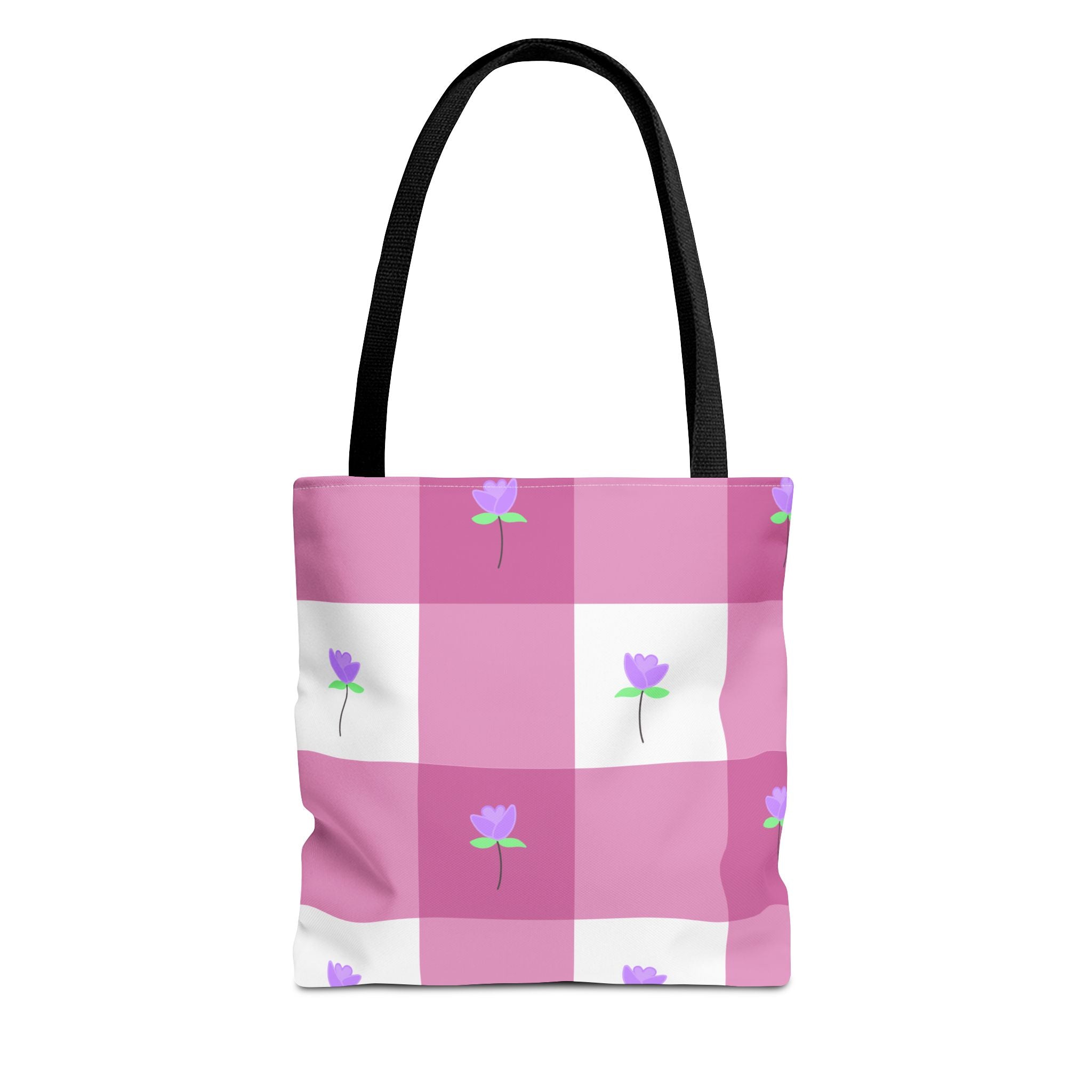 Pink Gingham Tulip Floral Tote Bag — Cute Checkered All-Over Print Tote