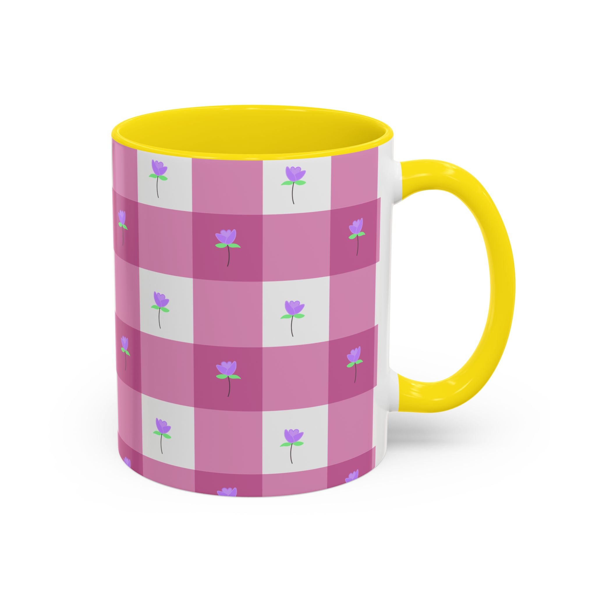 Pink Gingham Tulip Heart Floral Accent Coffee Mug – Cute Purple Rose Pattern (11/15 oz)