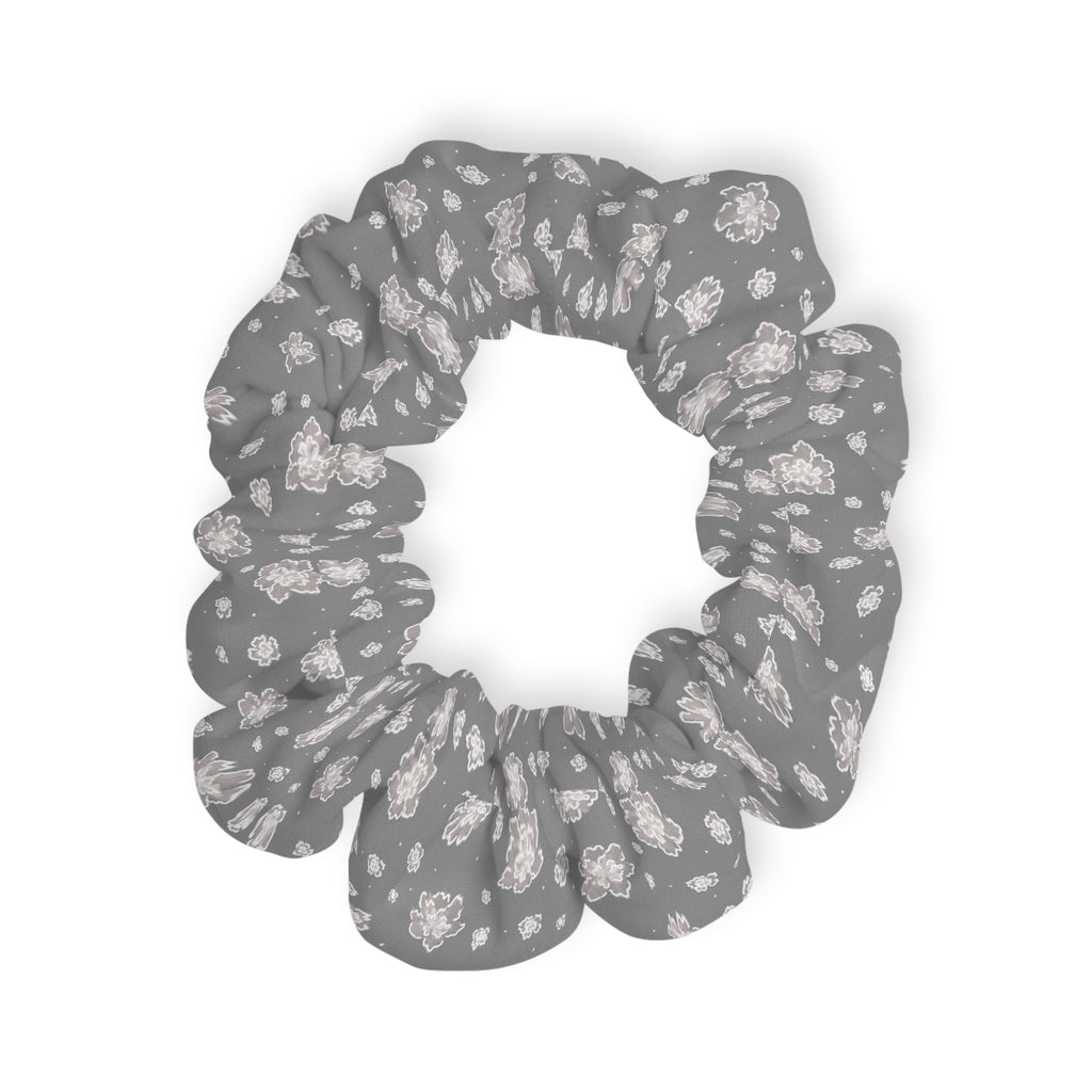 Floral Gray Scrunchie — Soft Rose Pattern Hair Tie for Everyday Wear