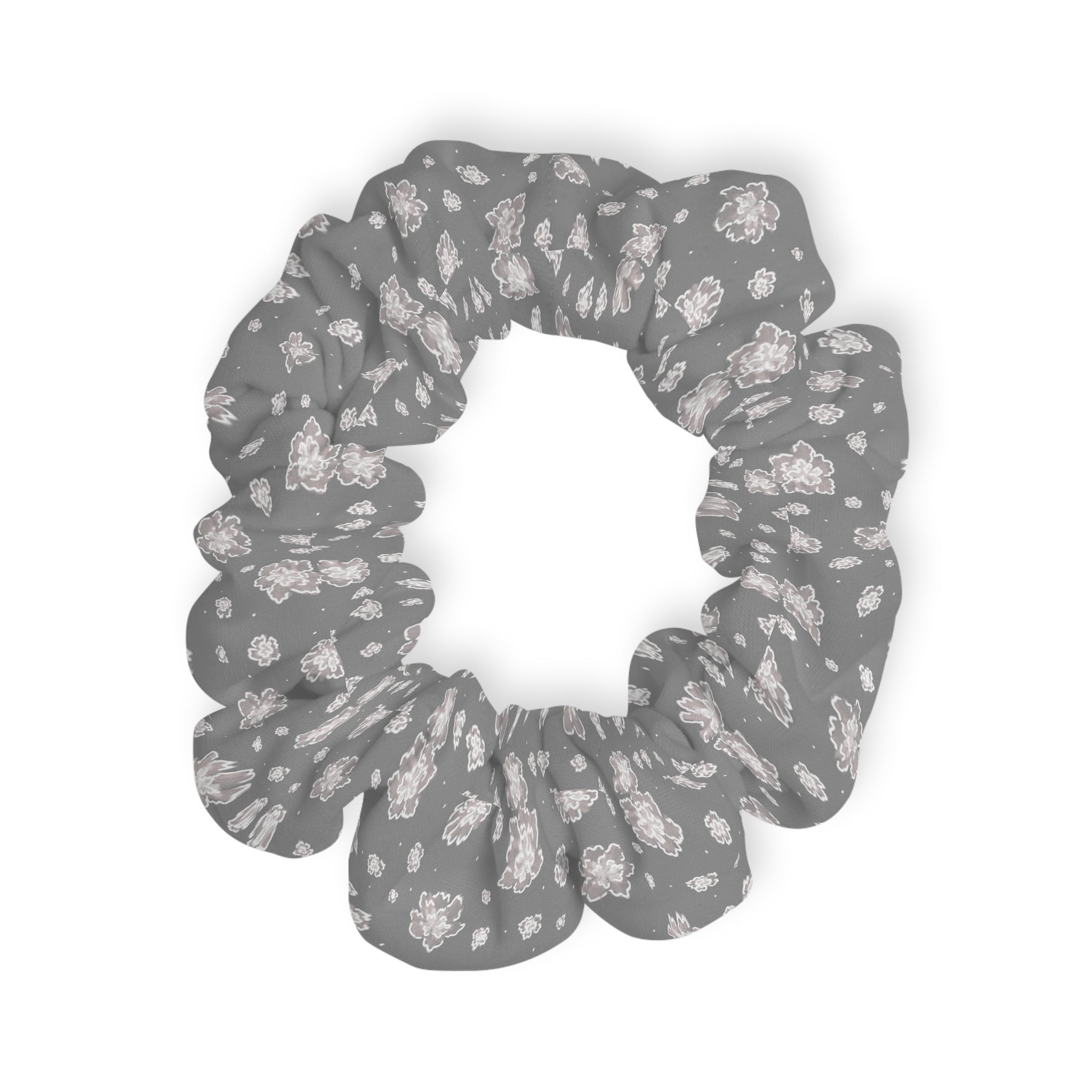 Floral Gray Scrunchie — Soft Rose Pattern Hair Tie for Everyday Wear