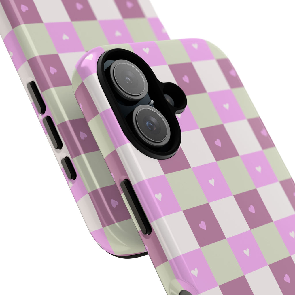Pink Checkered Phone Case with Tiny Hearts — Cute Pastel Grid iPhone Case