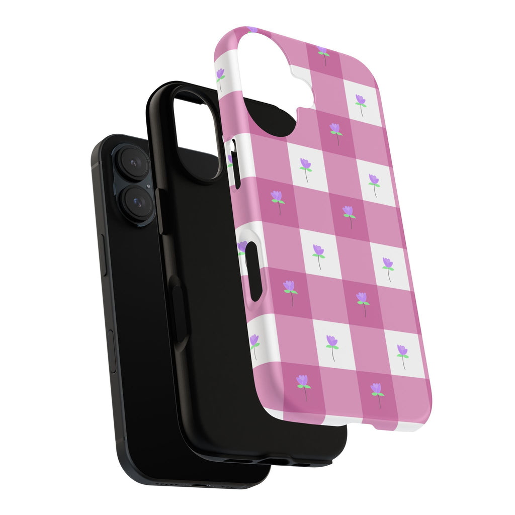 Pink Gingham tulip Tough Phone Case — Cute Tulip Checkered Protective Cover