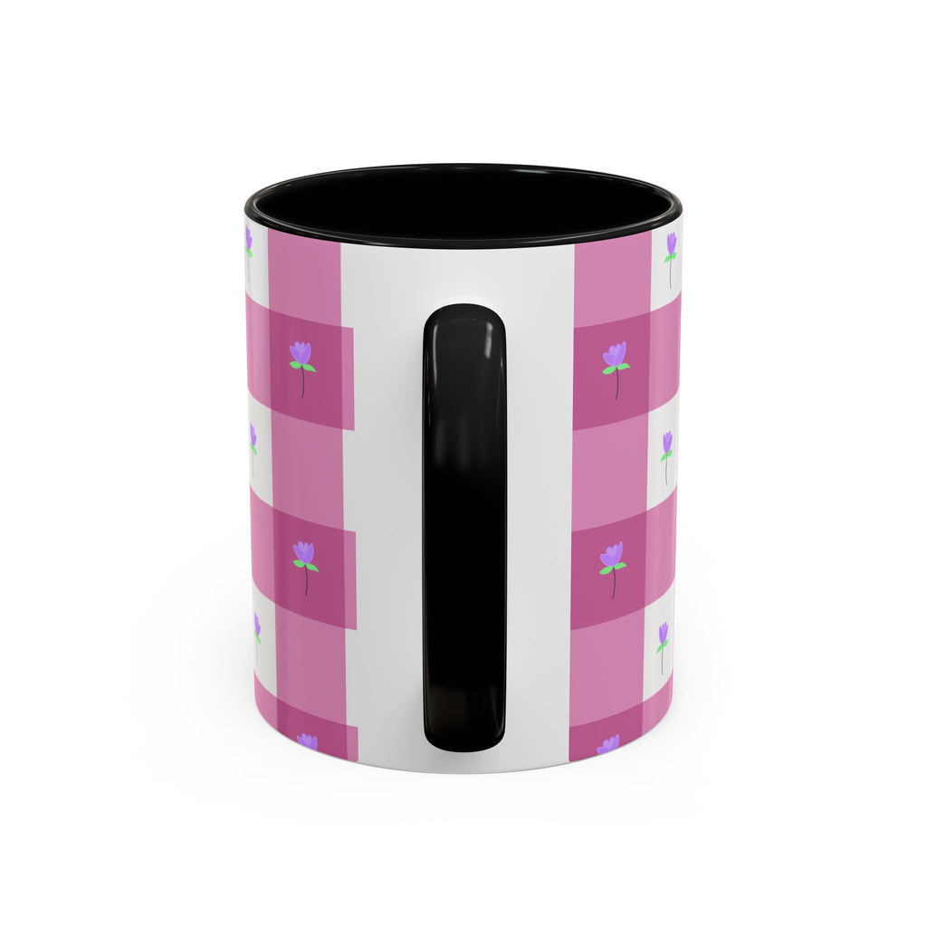 Pink Gingham Tulip Heart Floral Accent Coffee Mug – Cute Purple Rose Pattern (11/15 oz)