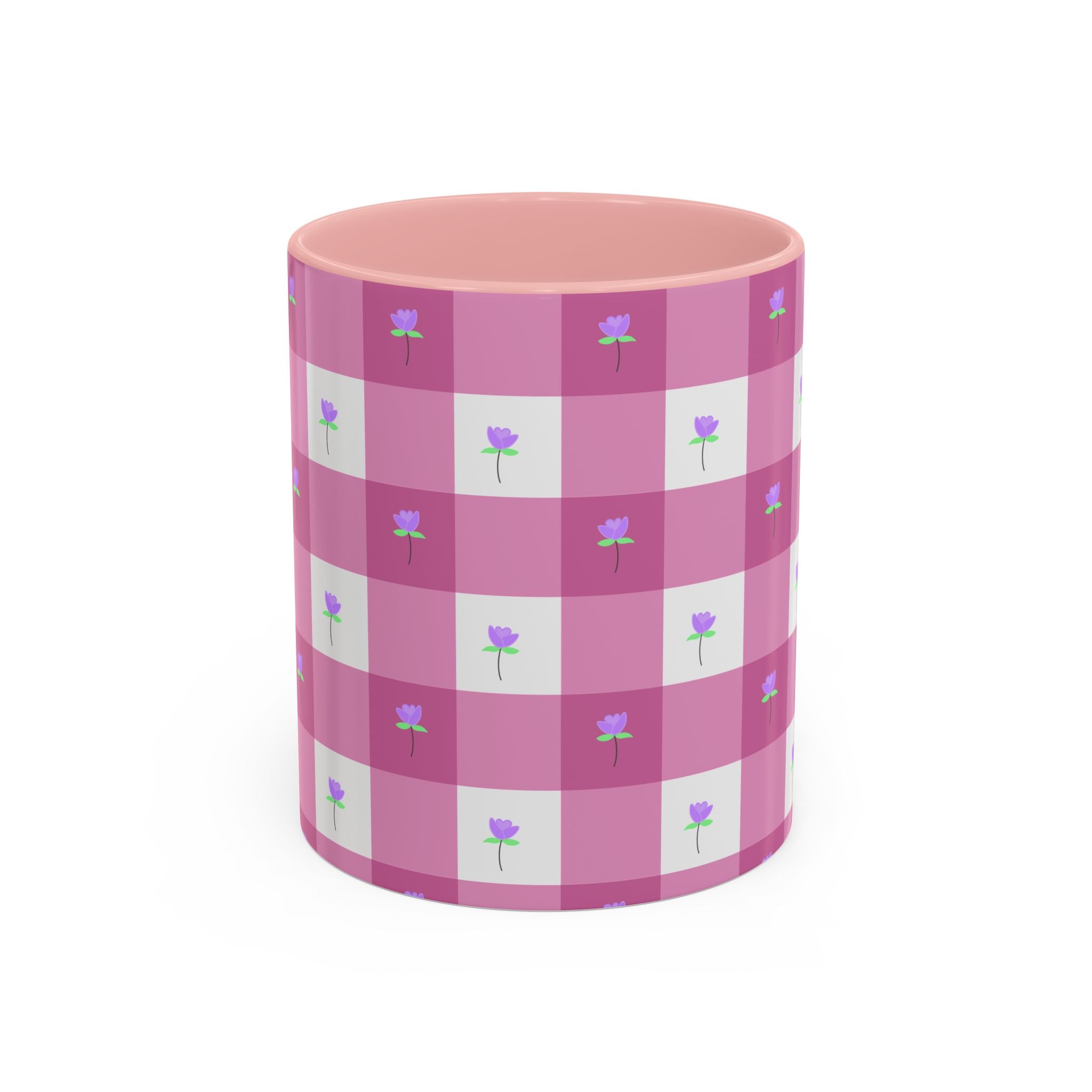 Pink Gingham Floral Tulip Accent Coffee Mug — Cute Purple Rose Pattern (11/15oz)