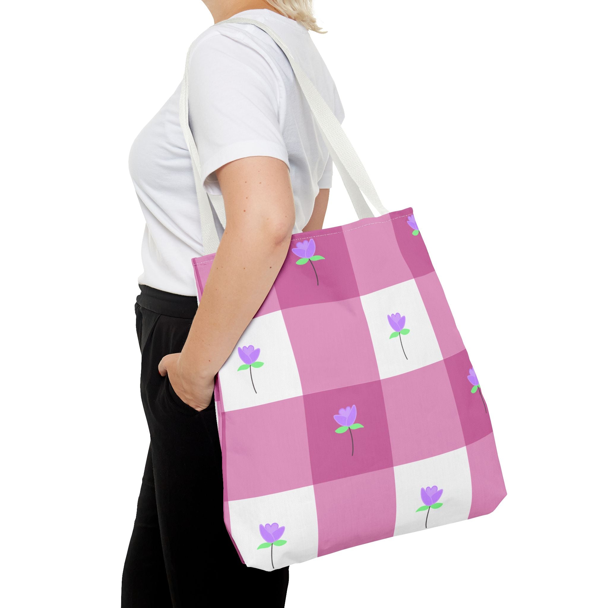 Pink Gingham Tulip Floral Tote Bag — Cute Checkered All-Over Print Tote