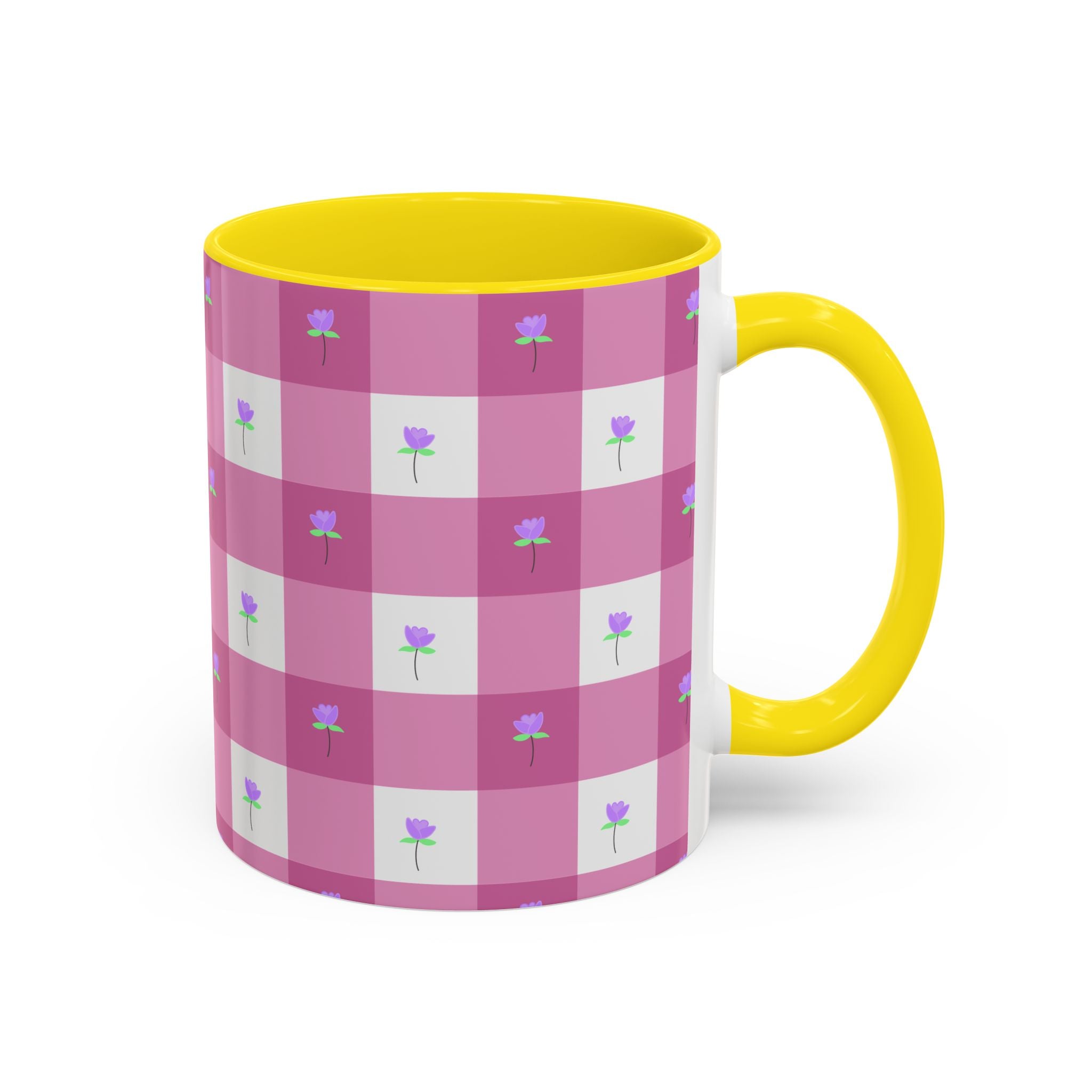 Pink Gingham Floral Tulip Accent Coffee Mug — Cute Purple Rose Pattern (11/15oz)