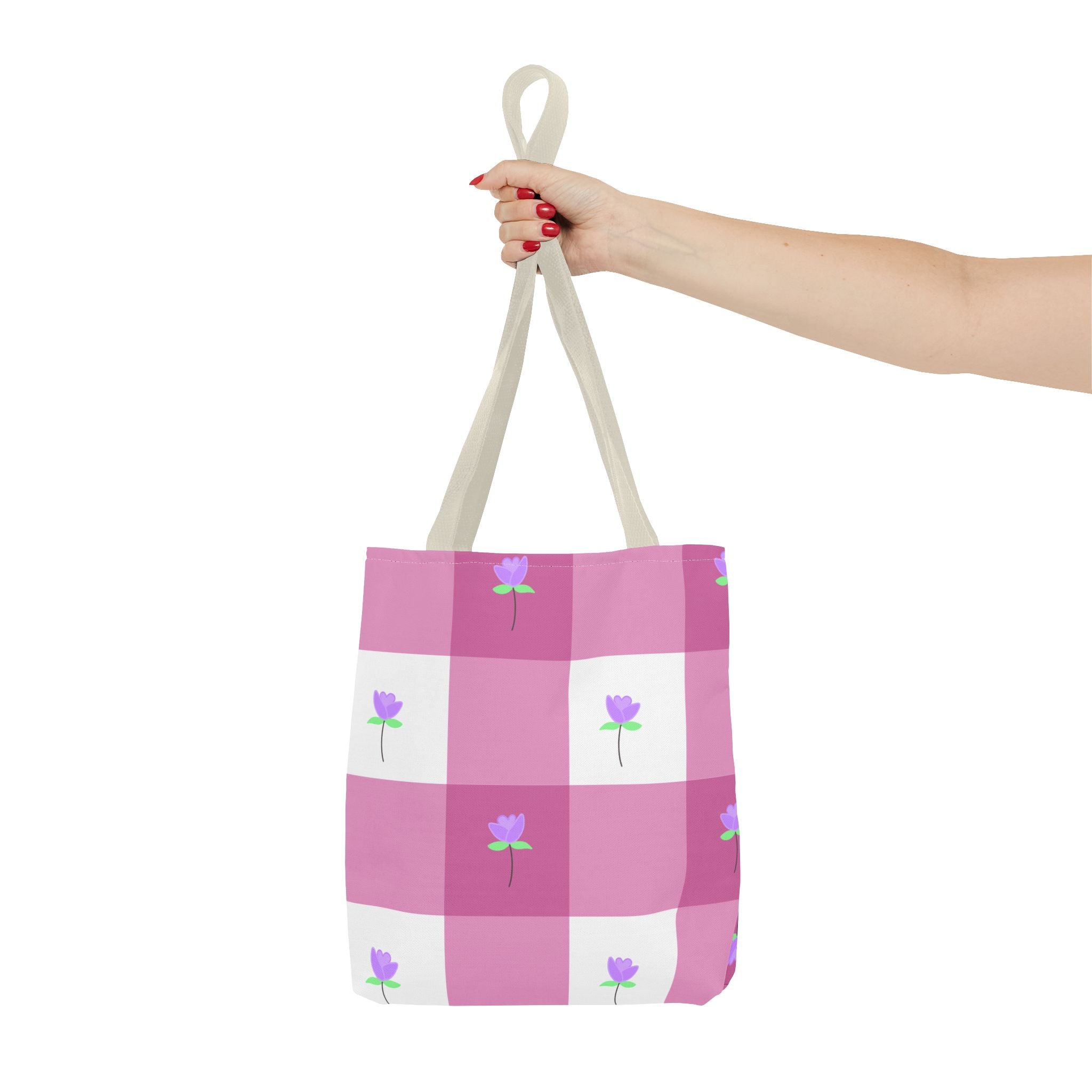 Pink Gingham Tulip Floral Tote Bag — Cute Checkered All-Over Print Tote