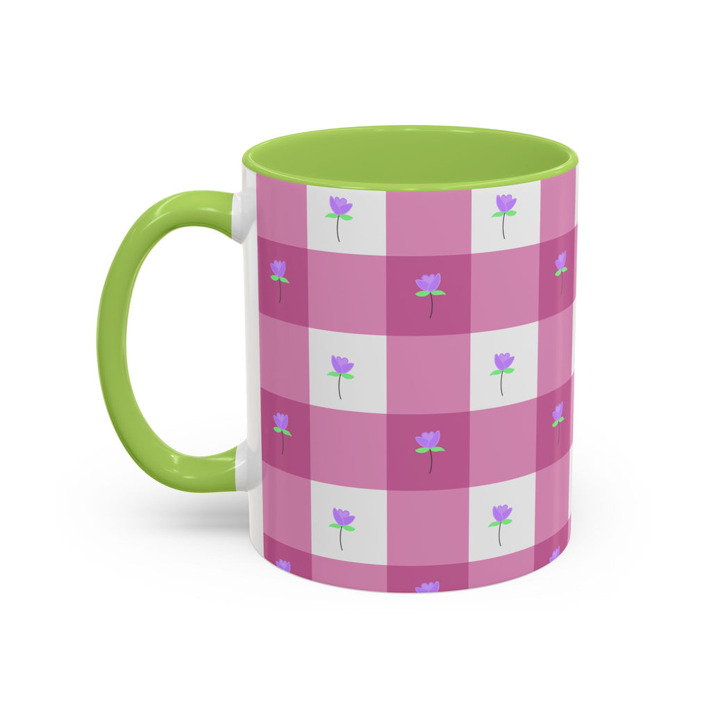 Pink Gingham Tulip Heart Floral Accent Coffee Mug – Cute Purple Rose Pattern (11/15 oz)