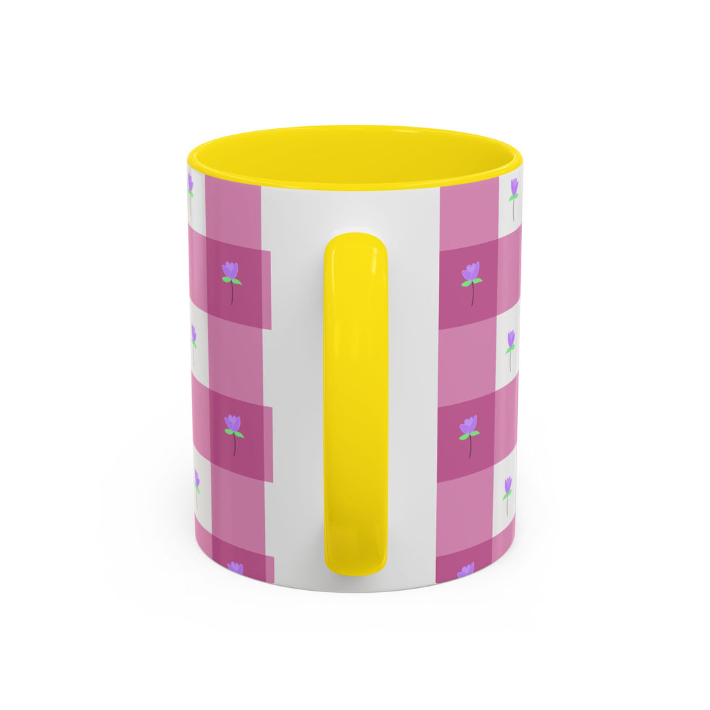 Pink Gingham Tulip Heart Floral Accent Coffee Mug – Cute Purple Rose Pattern (11/15 oz)