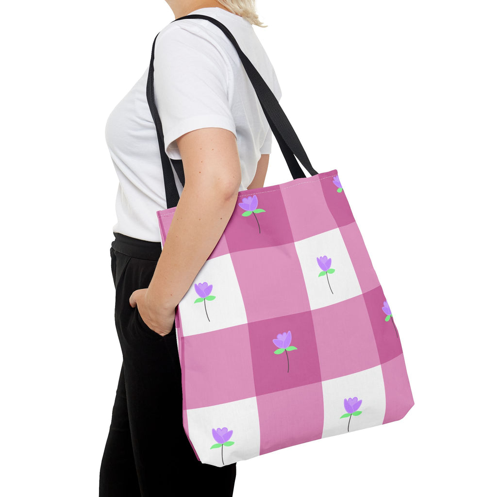 Pink Gingham Tulip Floral Tote Bag — Cute Checkered All-Over Print Tote