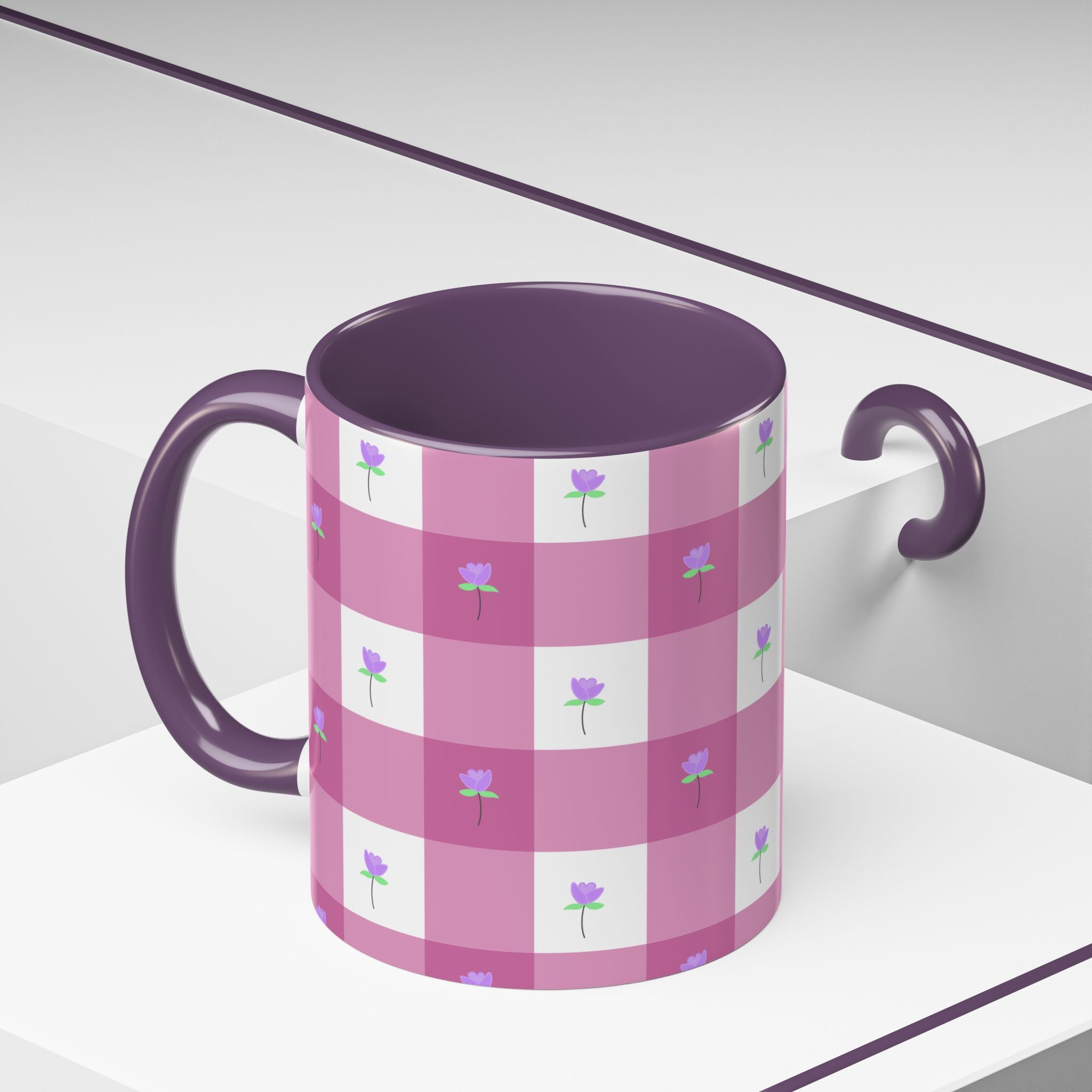 Pink Gingham Tulip Heart Floral Accent Coffee Mug – Cute Purple Rose Pattern (11/15 oz)