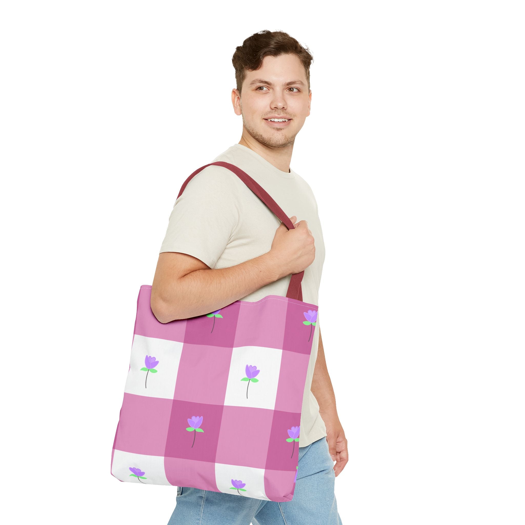 Pink Gingham Tulip Floral Tote Bag — Cute Checkered All-Over Print Tote