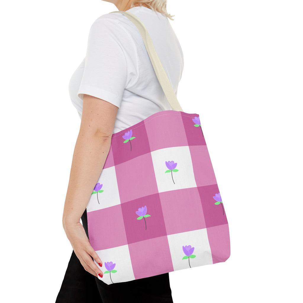 Pink Gingham Tulip Floral Tote Bag — Cute Checkered All-Over Print Tote