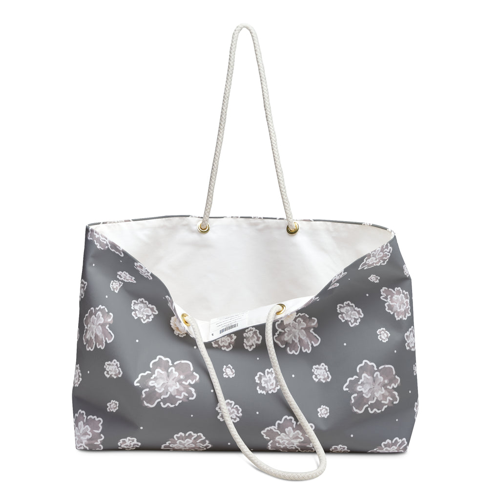 Grey Floral Weekender Bag – Spacious Travel Tote with Rope Handles
