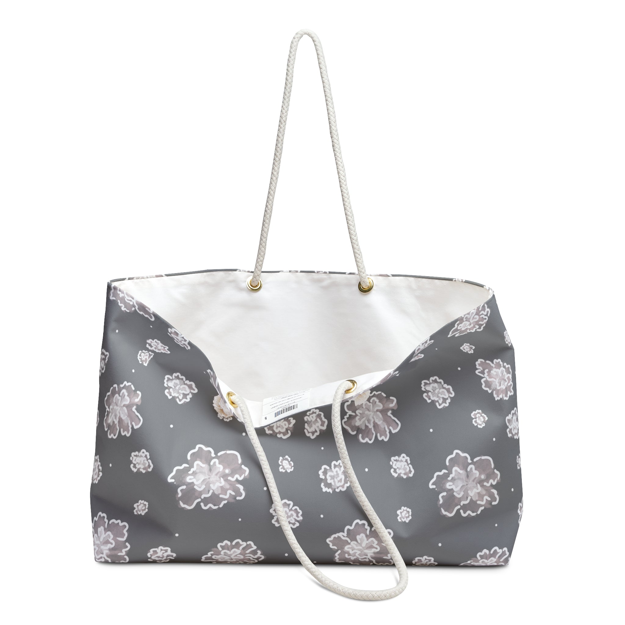 Grey Floral Weekender Bag – Spacious Travel Tote with Rope Handles
