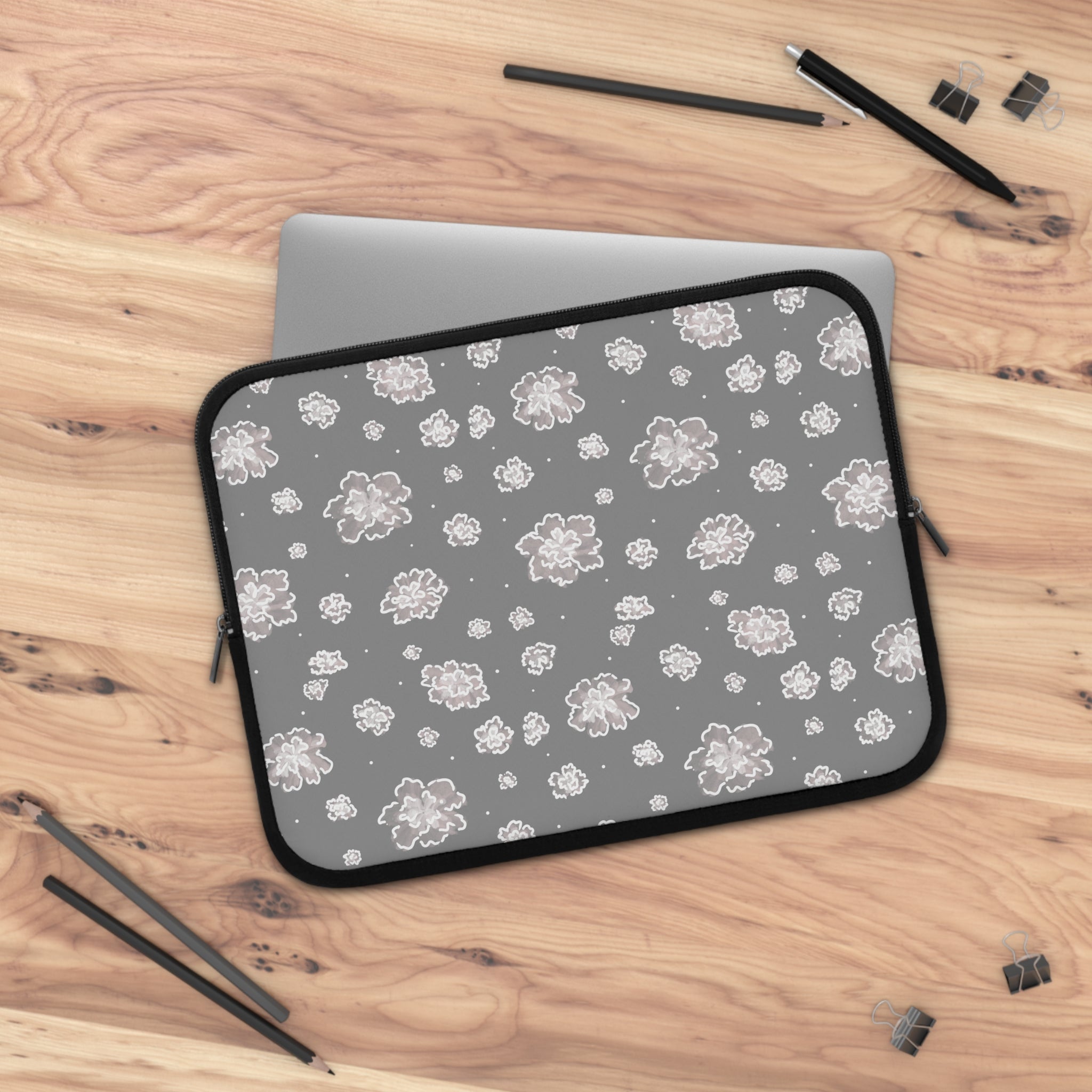 Floral Gray Laptop Sleeve — Soft Neutral Peony Pattern