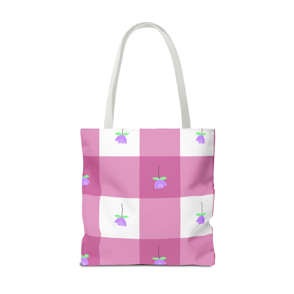 Pink Gingham Tulip Floral Tote Bag — Cute Checkered All-Over Print Tote