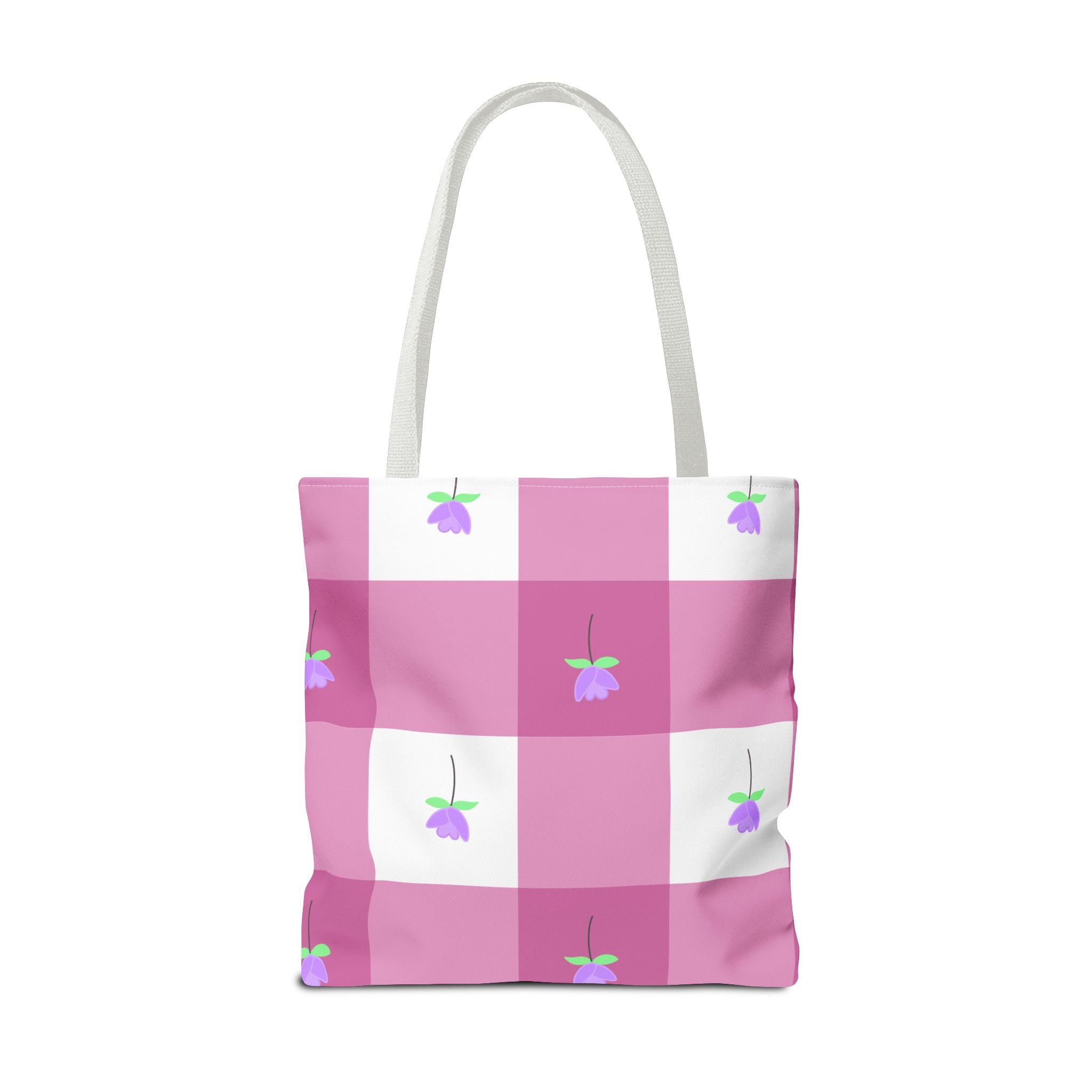 Pink Gingham Tulip Floral Tote Bag — Cute Checkered All-Over Print Tote