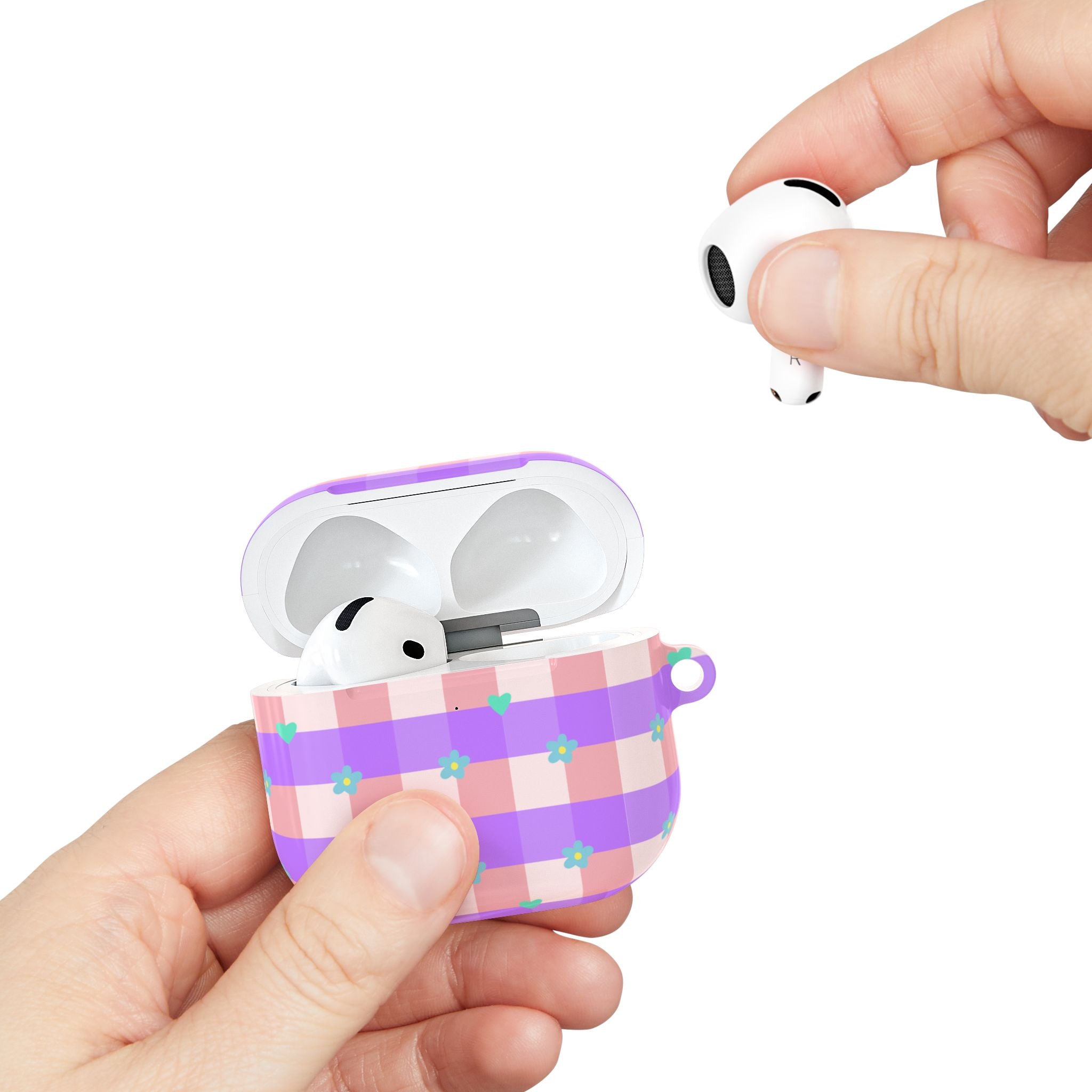 Pastel Gingham Floral AirPod Case — Purple & Pink Plaid with Tiny Flowers