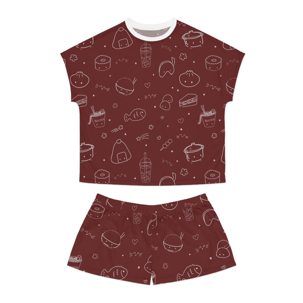 Maroon Kawaii Asian Snacks Pattern Women's Short Pajama Set