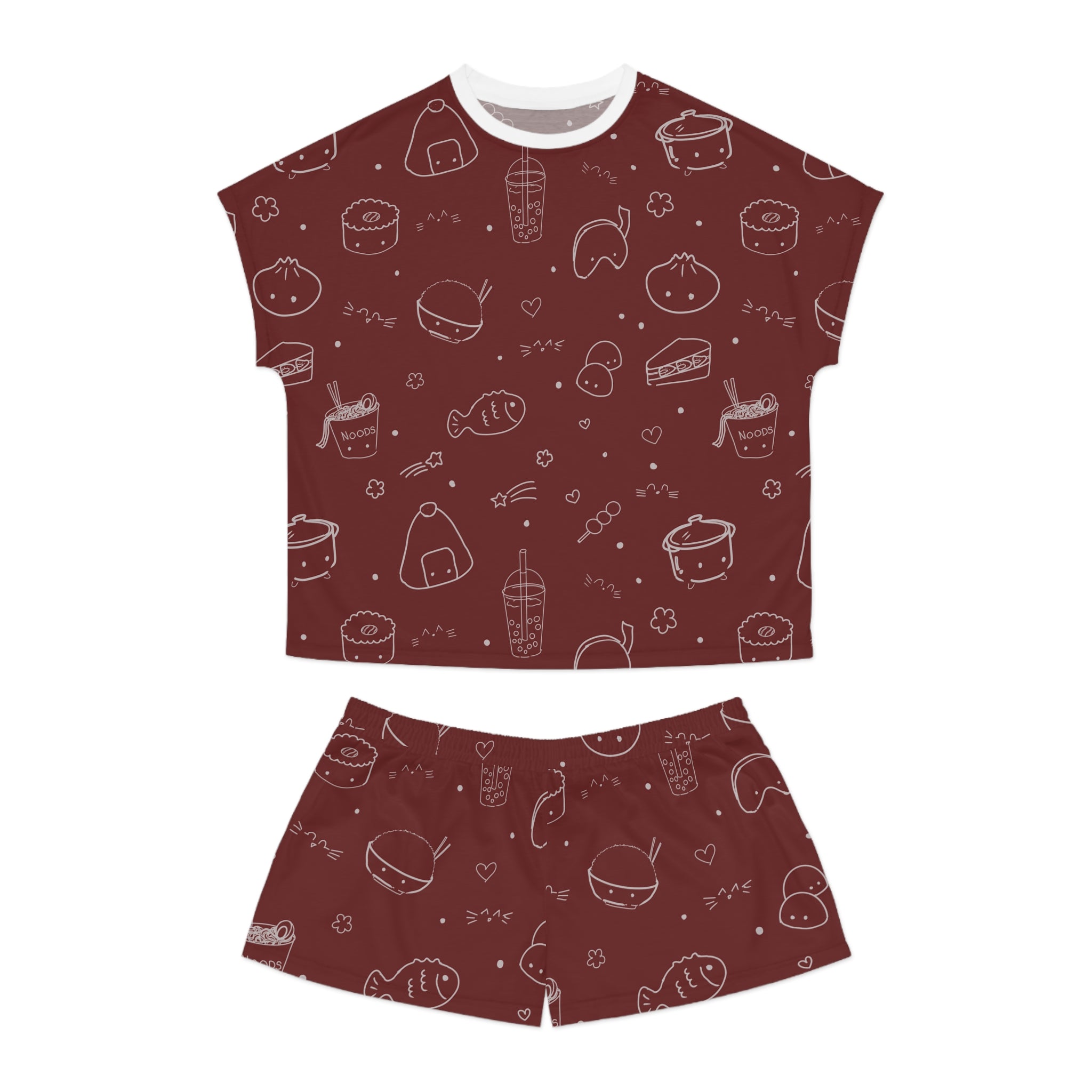 Maroon Kawaii Asian Snacks Pattern Women's Short Pajama Set