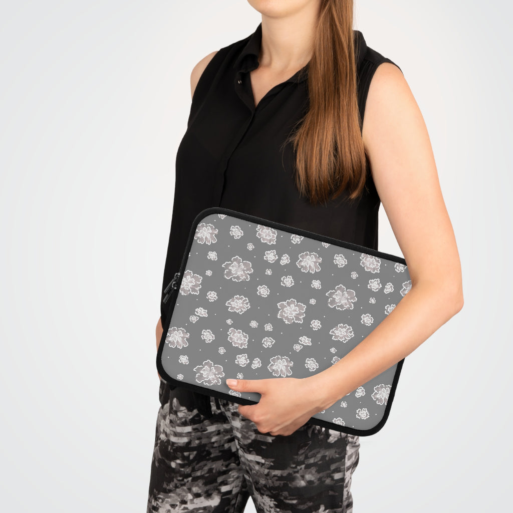 Floral Gray Laptop Sleeve — Soft Neutral Peony Pattern