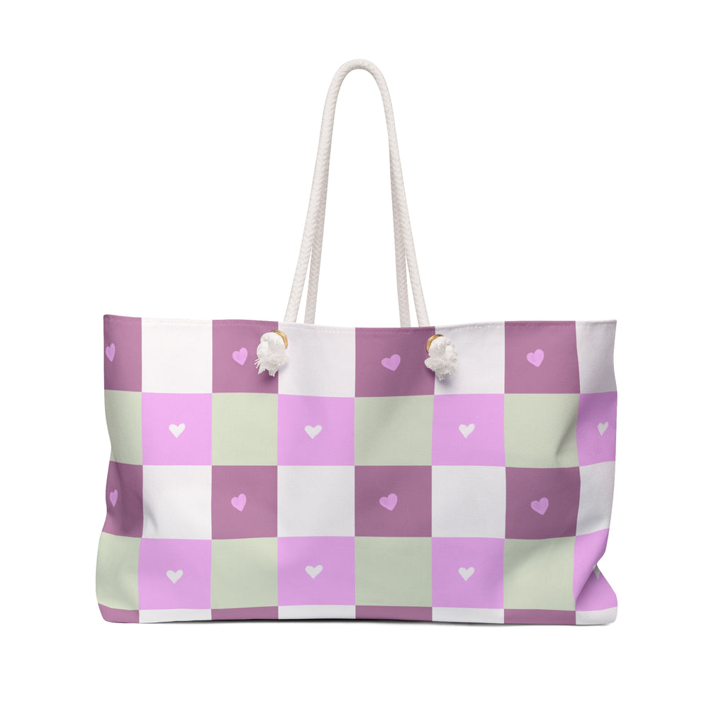 Pastel Heart Check Weekender Bag — Pink & Mint Travel Tote