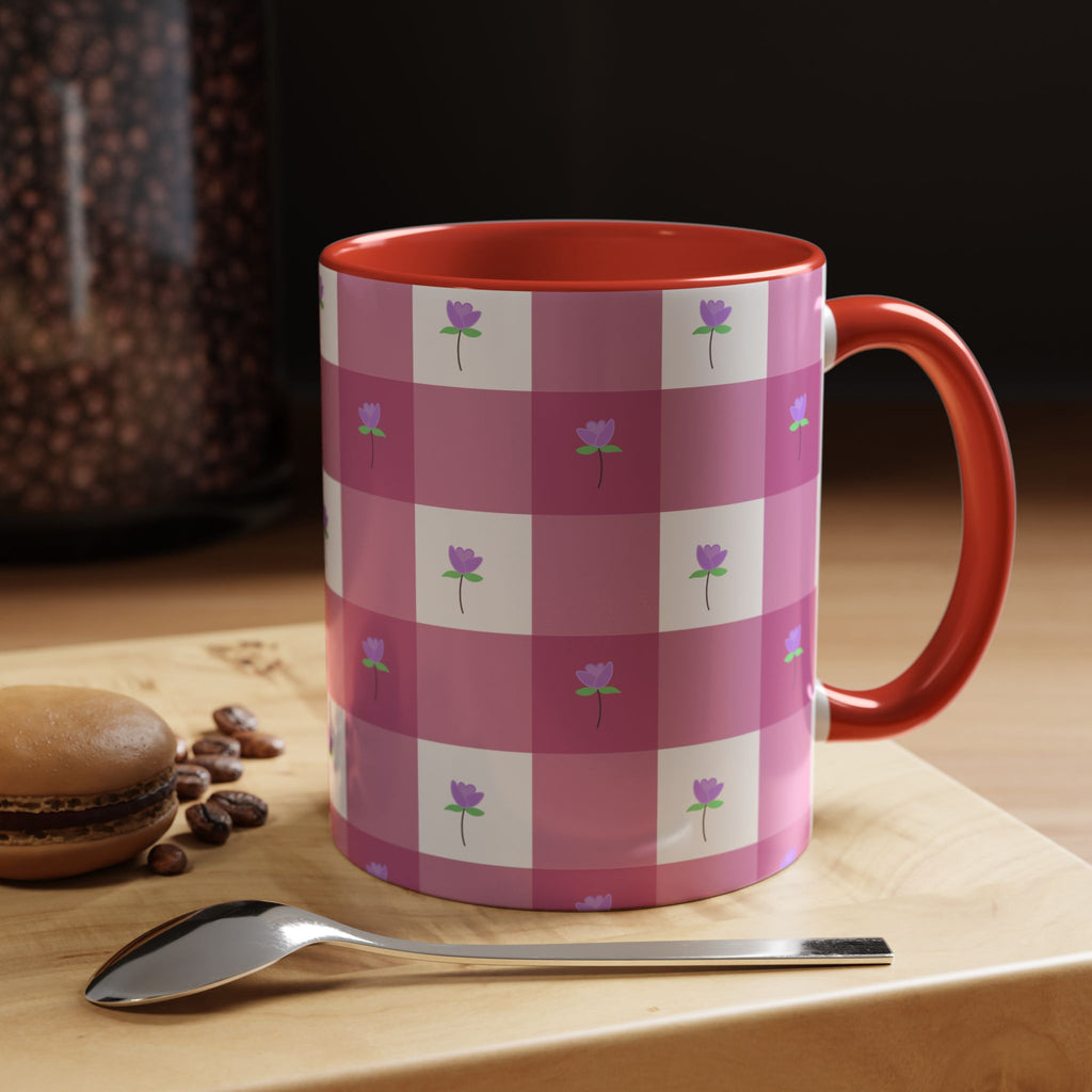 Pink Gingham Tulip Heart Floral Accent Coffee Mug – Cute Purple Rose Pattern (11/15 oz)